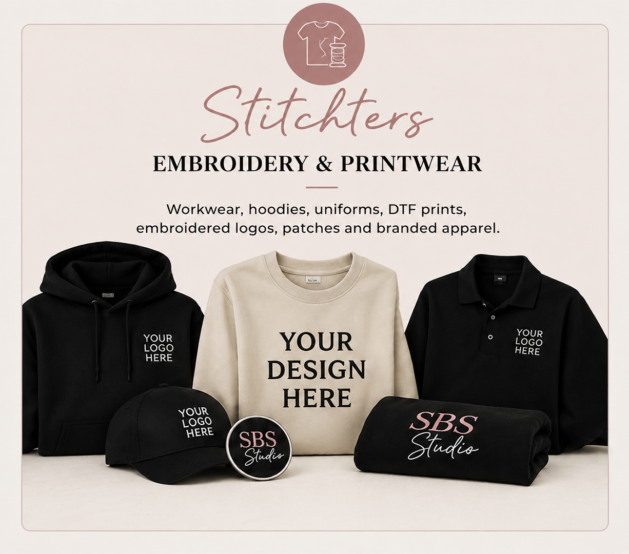 Embroidered and DTF-printed workwear, hoodies, uniforms and branded apparel by Stitchters