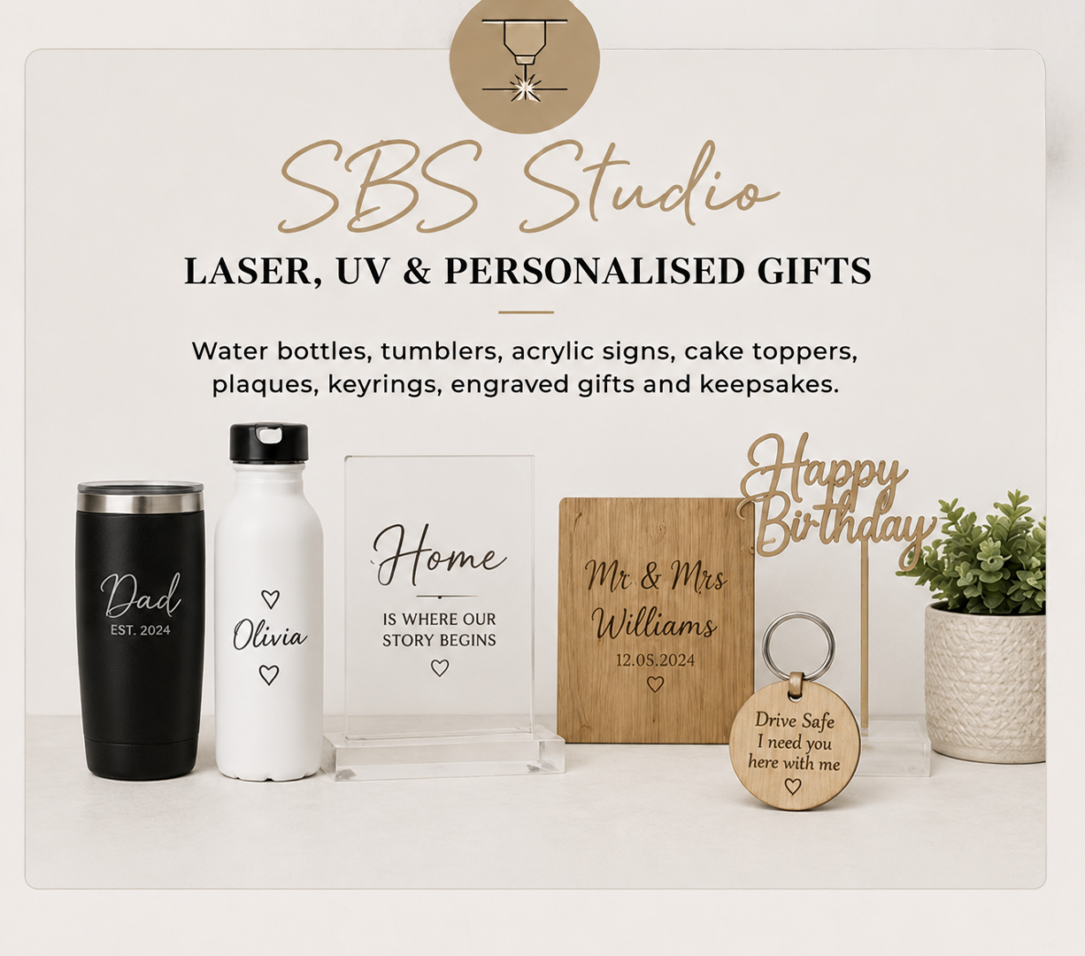 Personalised gifts, engraved keepsakes, acrylic signs and custom drinkware by SBS Studio