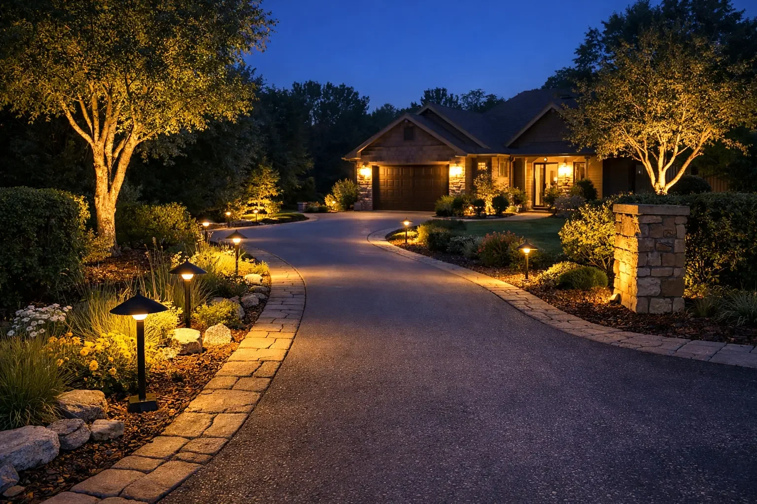 A beautifully lit driveway leading to a house at night, with trees on both sides and pathway lights illuminating the landscaping.
