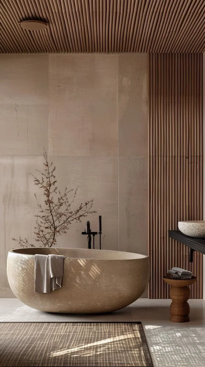 A modern bathroom featuring a freestanding stone bathtub with a towel draped over the side, a small wooden side table, a textured rug, and a minimalist design with light-colored walls, a slatted wood ceiling, and a branch decor.