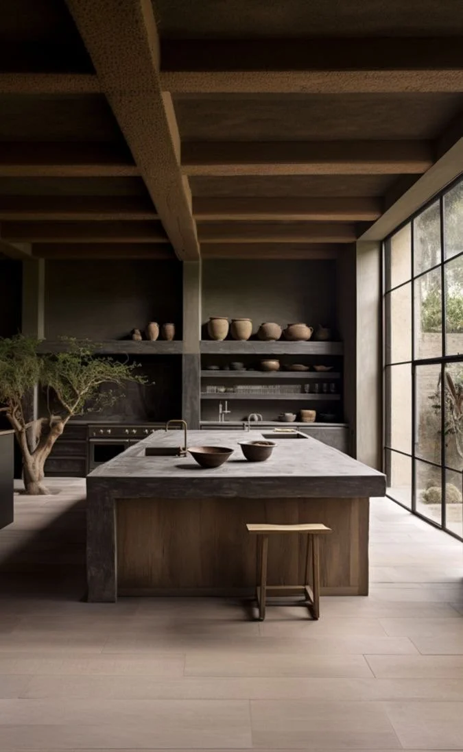 Modern kitchen with a large wooden island, open shelving with clay pots, and a floor-to-ceiling glass window overlooking a garden.