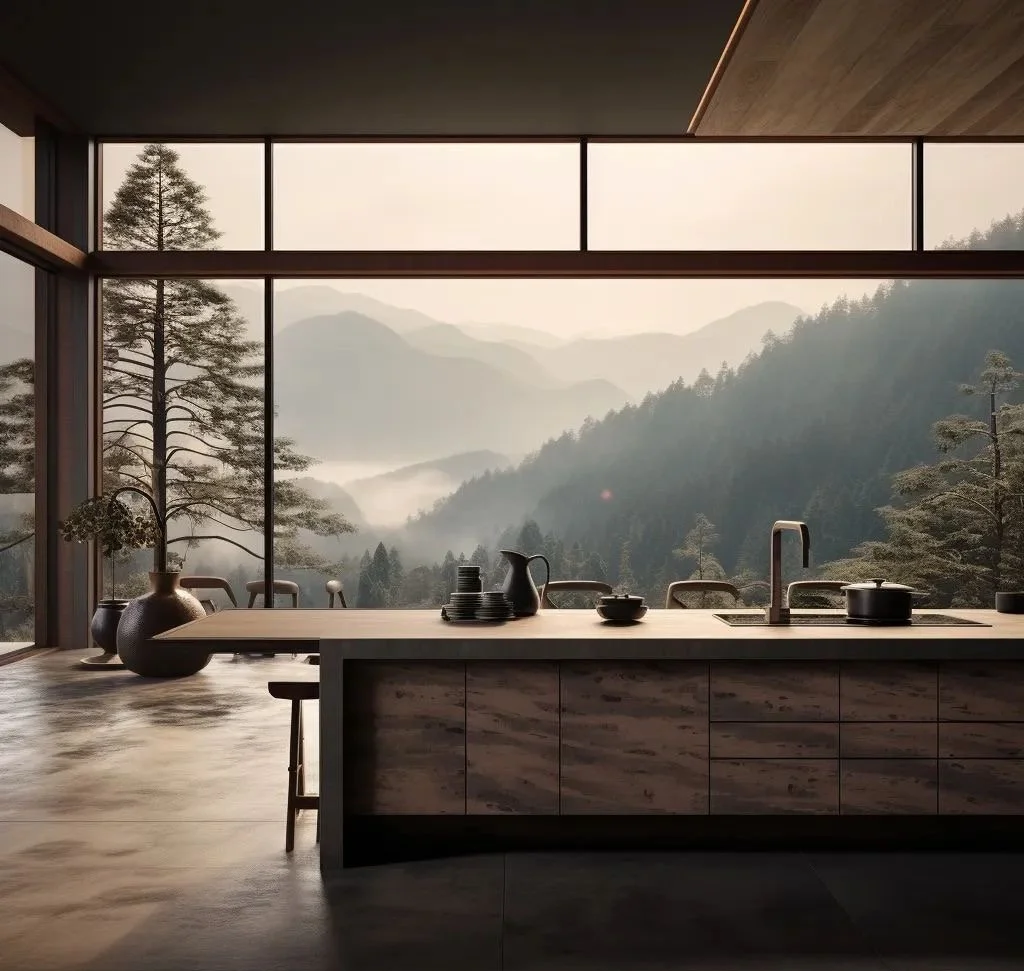 Modern kitchen with large floor-to-ceiling windows overlooking a misty mountain landscape with tall trees.