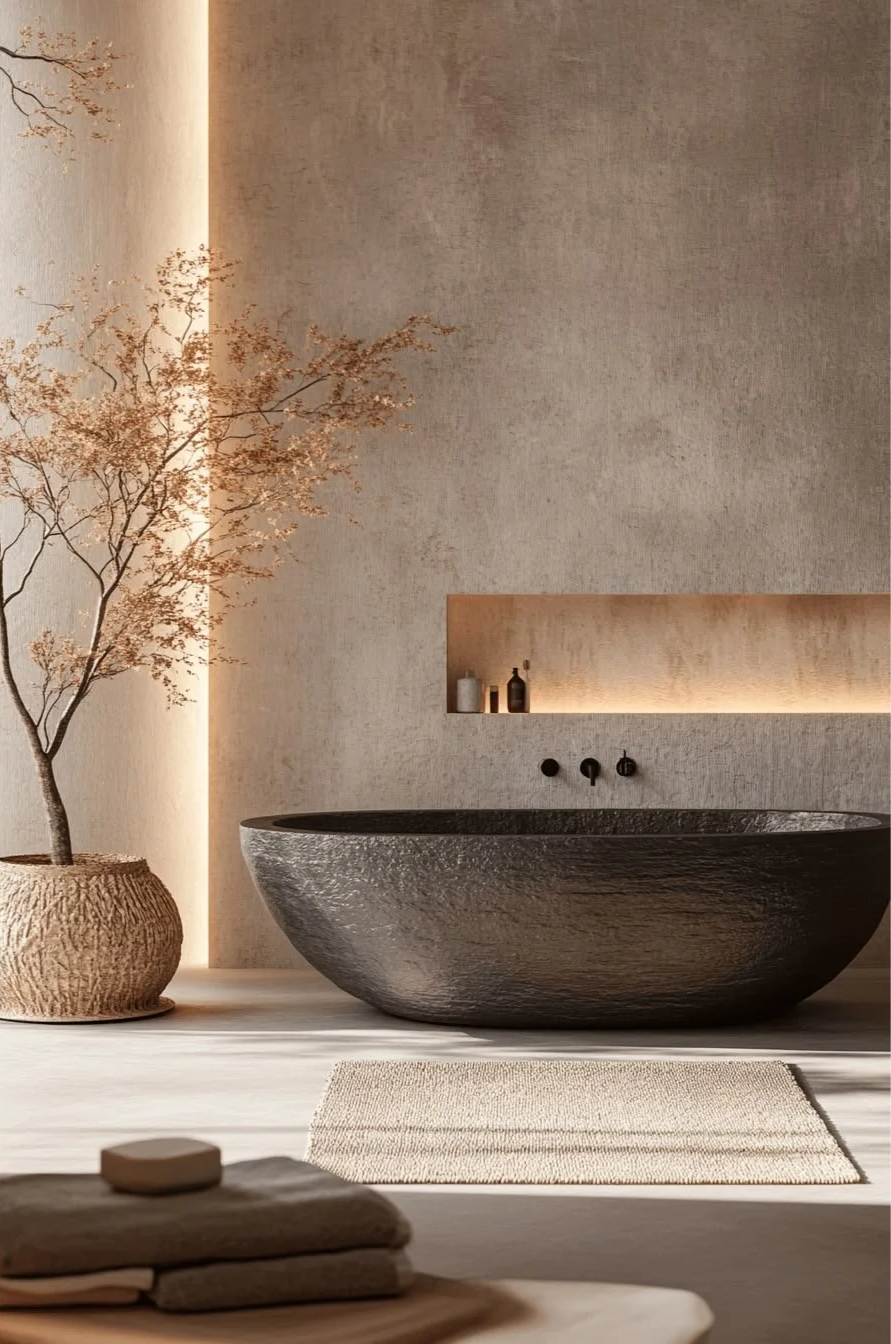 Minimalist bathroom with a freestanding black stone bathtub, a large potted tree in a textured beige planter, and a textured beige rug on light wood flooring. The wall has a built-in shelf with bottles and soft ambient lighting.