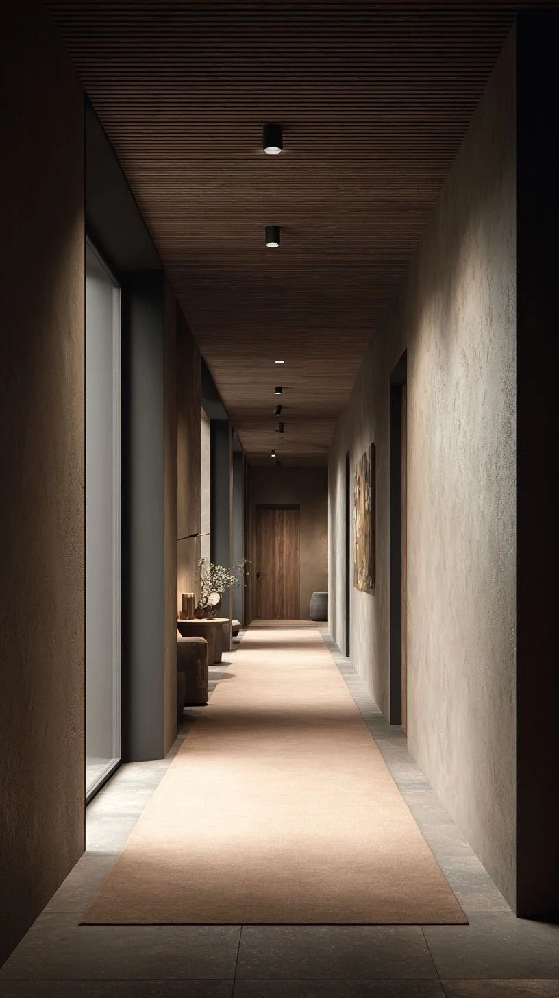 A minimalist hallway with a beige runner rug, wooden ceiling, and textured beige walls. There are black ceiling lights, a glass door on the left, and art on the right wall, leading to a closed wooden door at the end.