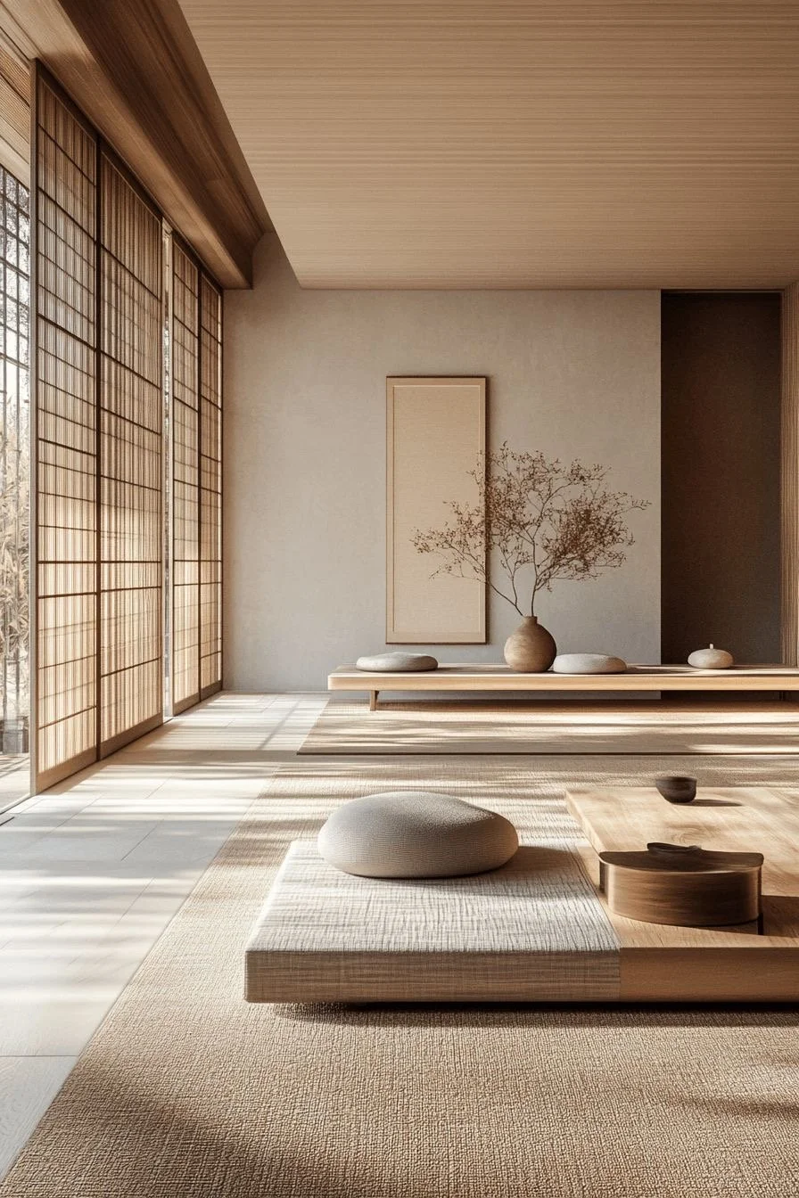 Minimalist Japanese-inspired interior with sliding shoji screens, tatami, and simple decor including a vase with branches, flat stones, and wooden trays.