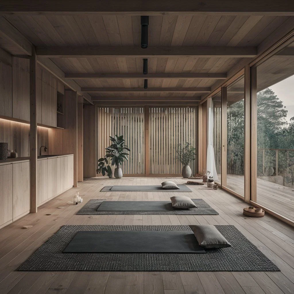 A minimalist yoga studio with wooden floors, ceiling, and walls. Three black yoga mats with pillows are aligned on woven rugs, facing large sliding glass doors that open to a balcony with trees outside. Potted plants and candles decorate the space, c
