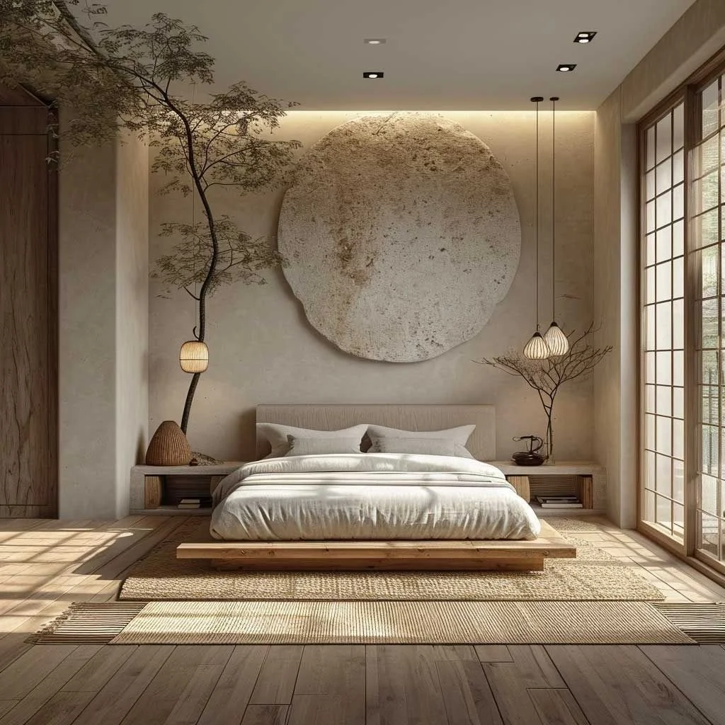 Minimalist bedroom with neutral tones, large textured circular wall art, beige bed with white bedding, natural wood side tables, modern pendant lights, decorative branches with lamps, and large window with shoji screens allowing natural light.