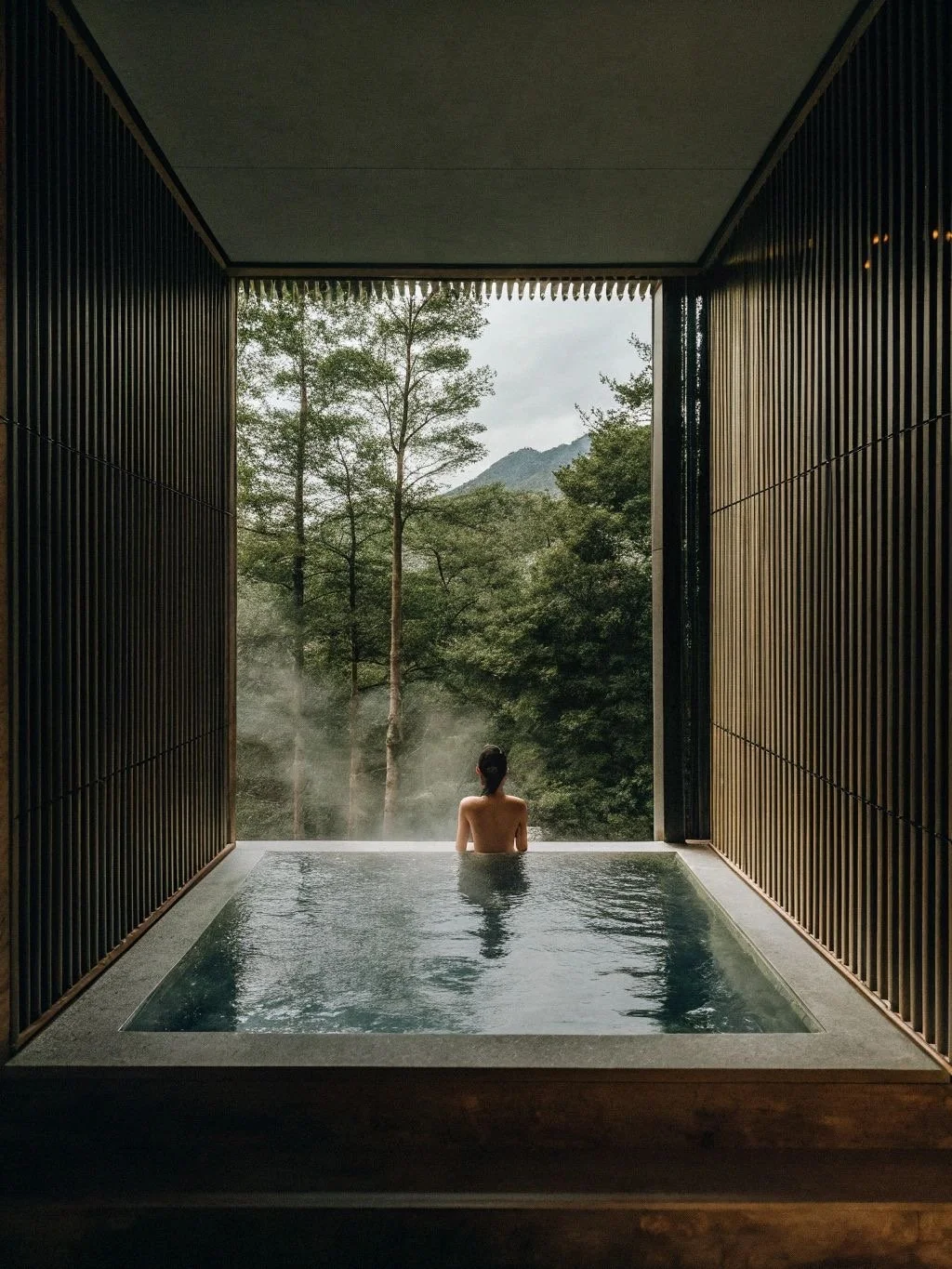 A person sitting in an indoor hot spring tub overlooking a lush forest and mountains.