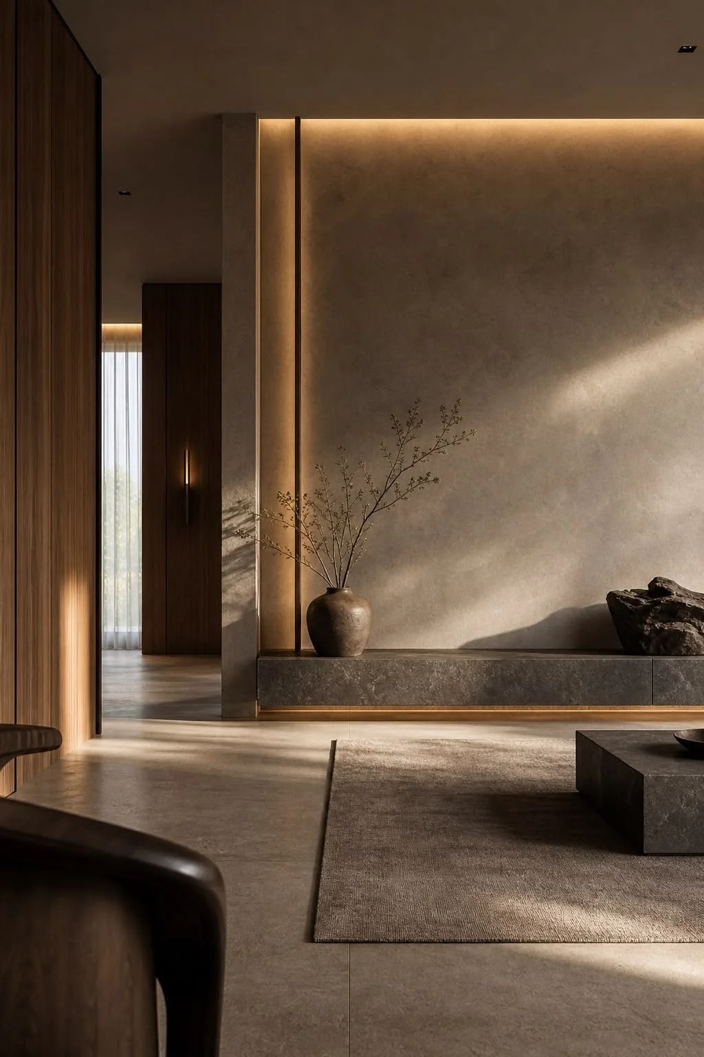 Minimalist living room with warm lighting, a contemporary vase with branches, and a textured wall and floor.