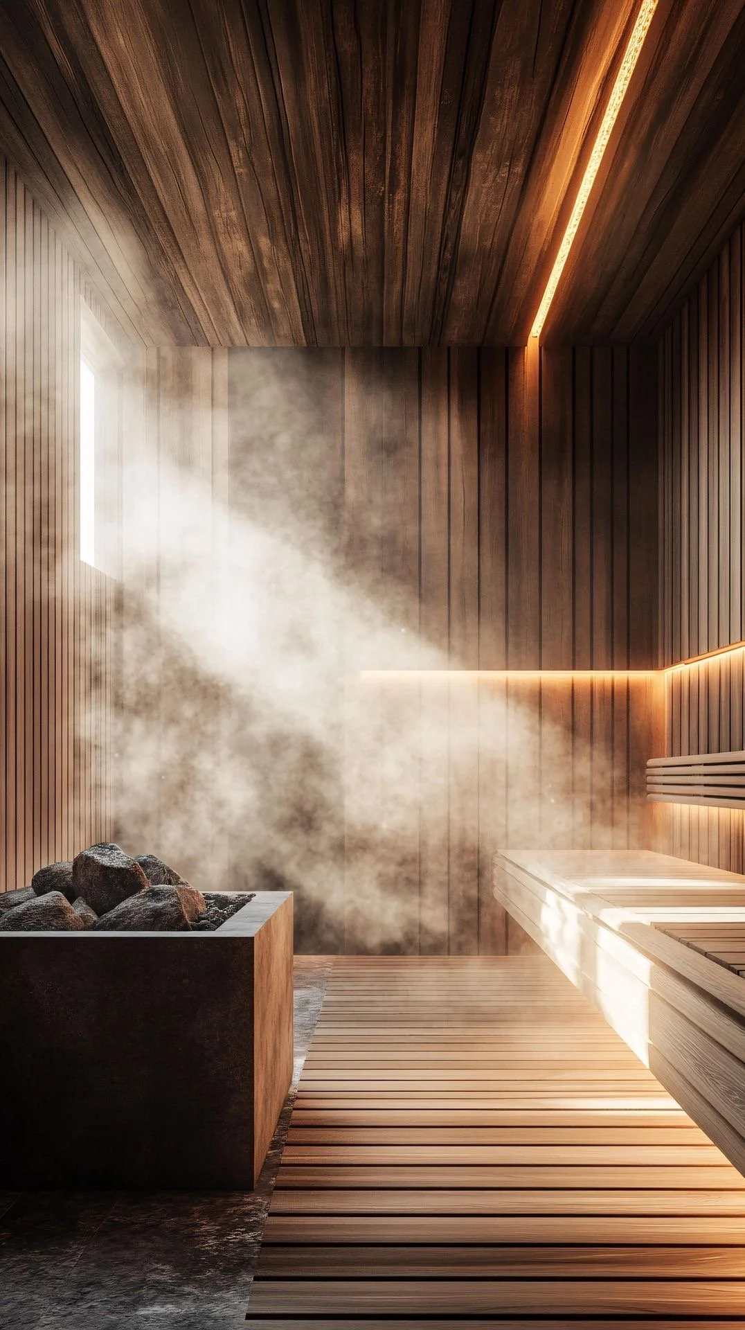 A modern steam room with wooden walls, ceiling, and bench, featuring a heater with stones on the left, steam filling the room, and warm lighting accents.