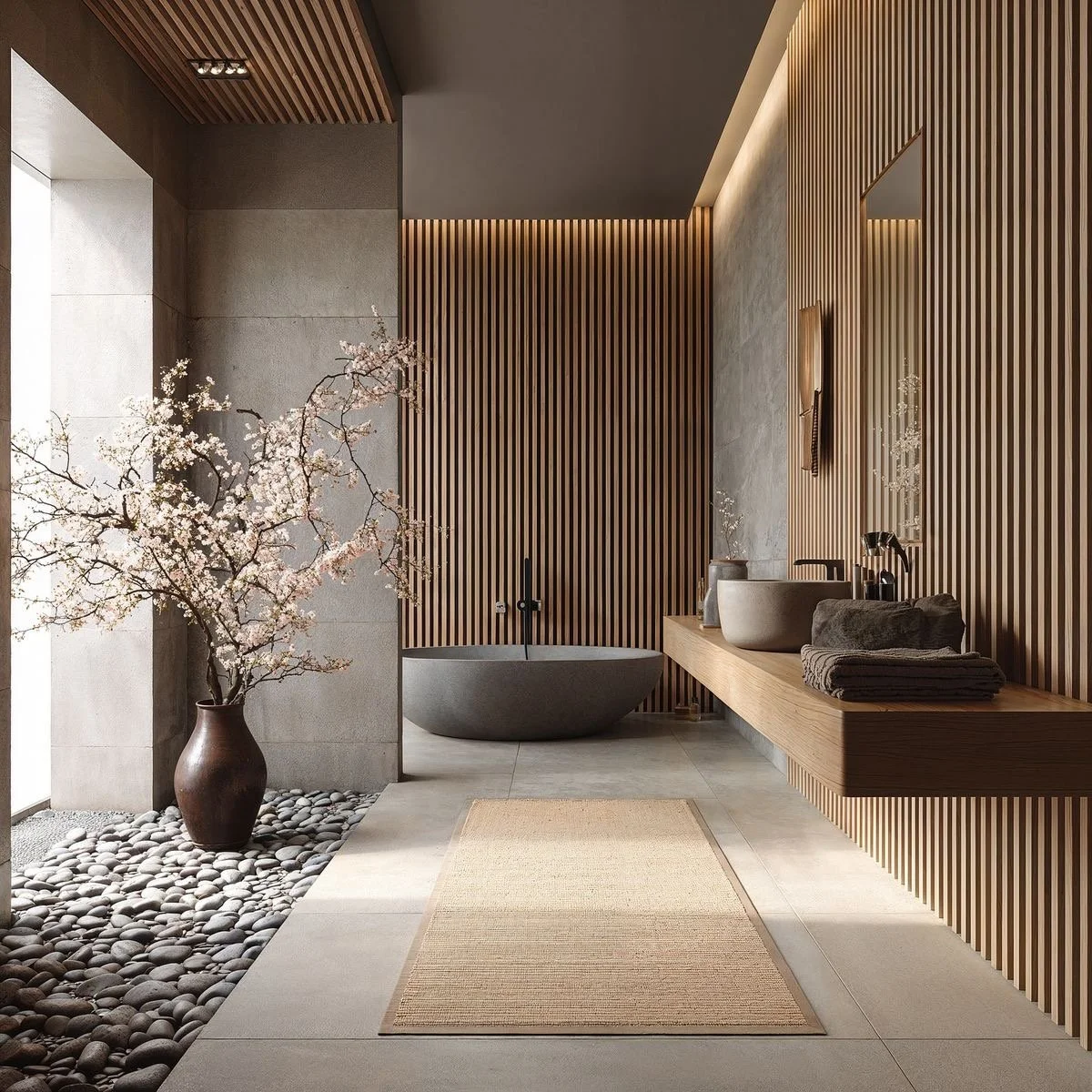 Modern bathroom with wooden slat wall, freestanding stone bathtub, and a wooden countertop with a stone sink, decorated with a vase of cherry blossoms.