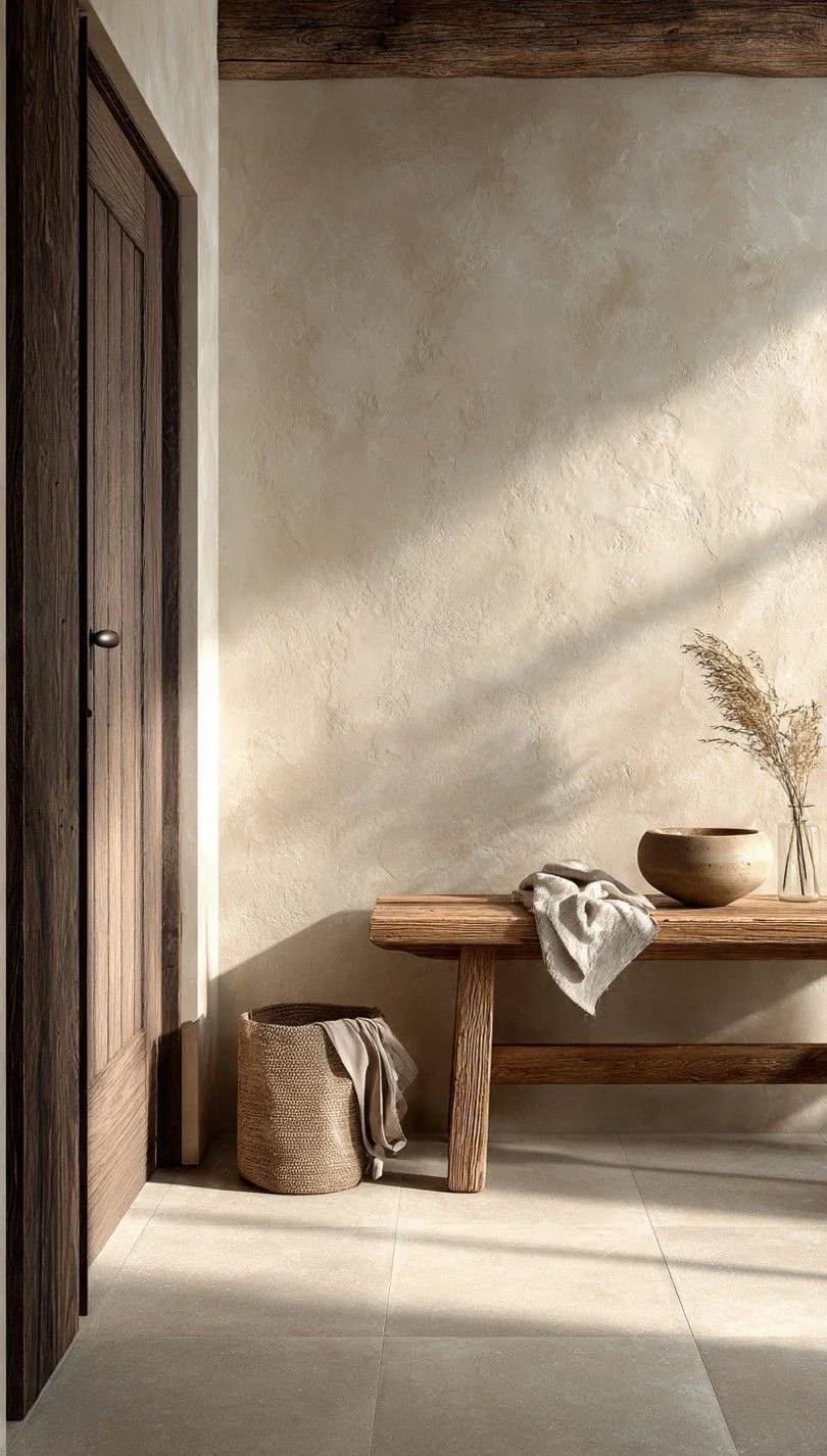 Minimalist interior with beige wall, wooden door, wooden bench, basket with cloth, ceramic bowl, and dried plants in a vase, bathed in natural light.