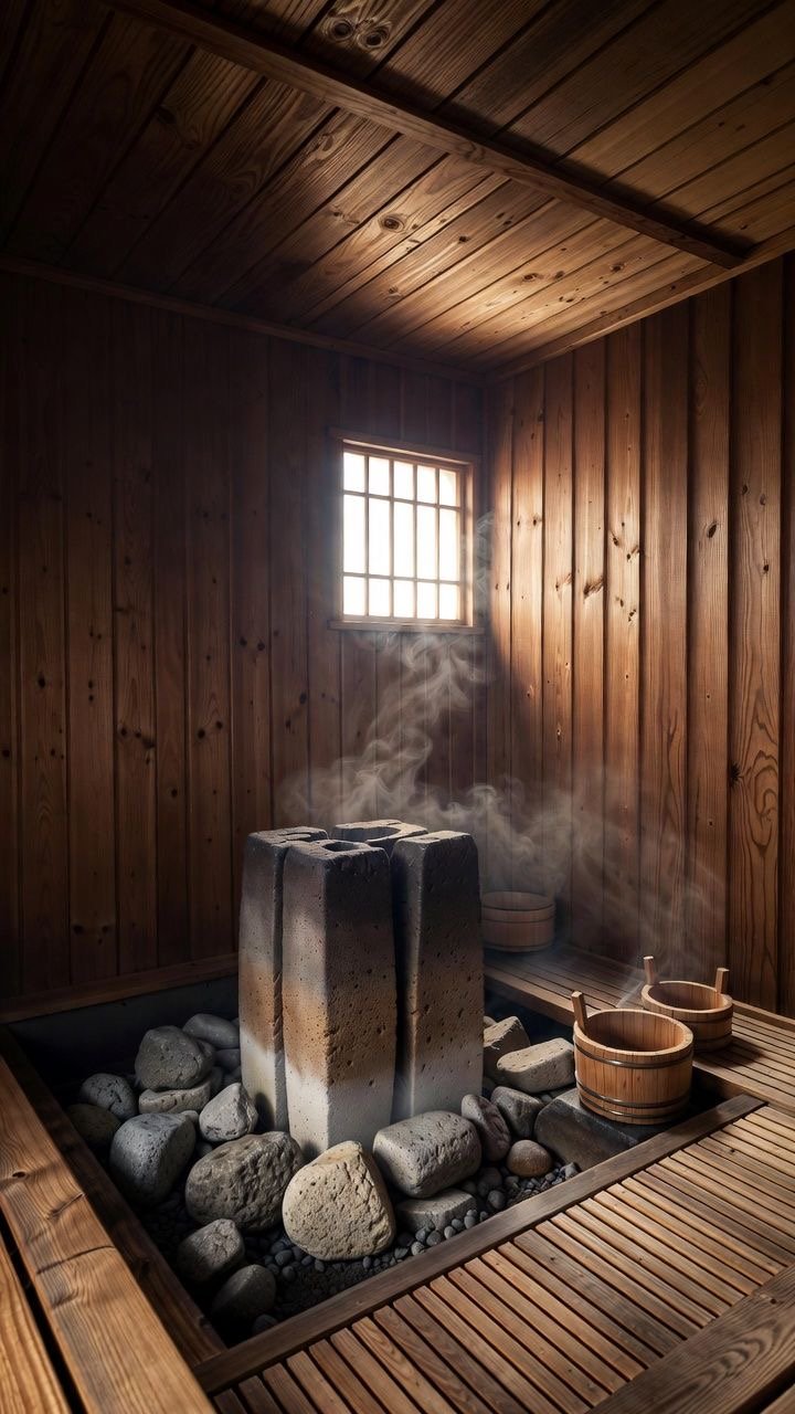 A traditional Japanese steam room with wooden walls, ceiling, and floor, featuring a stone central heater emitting steam, surrounded by smooth rocks and wooden buckets.