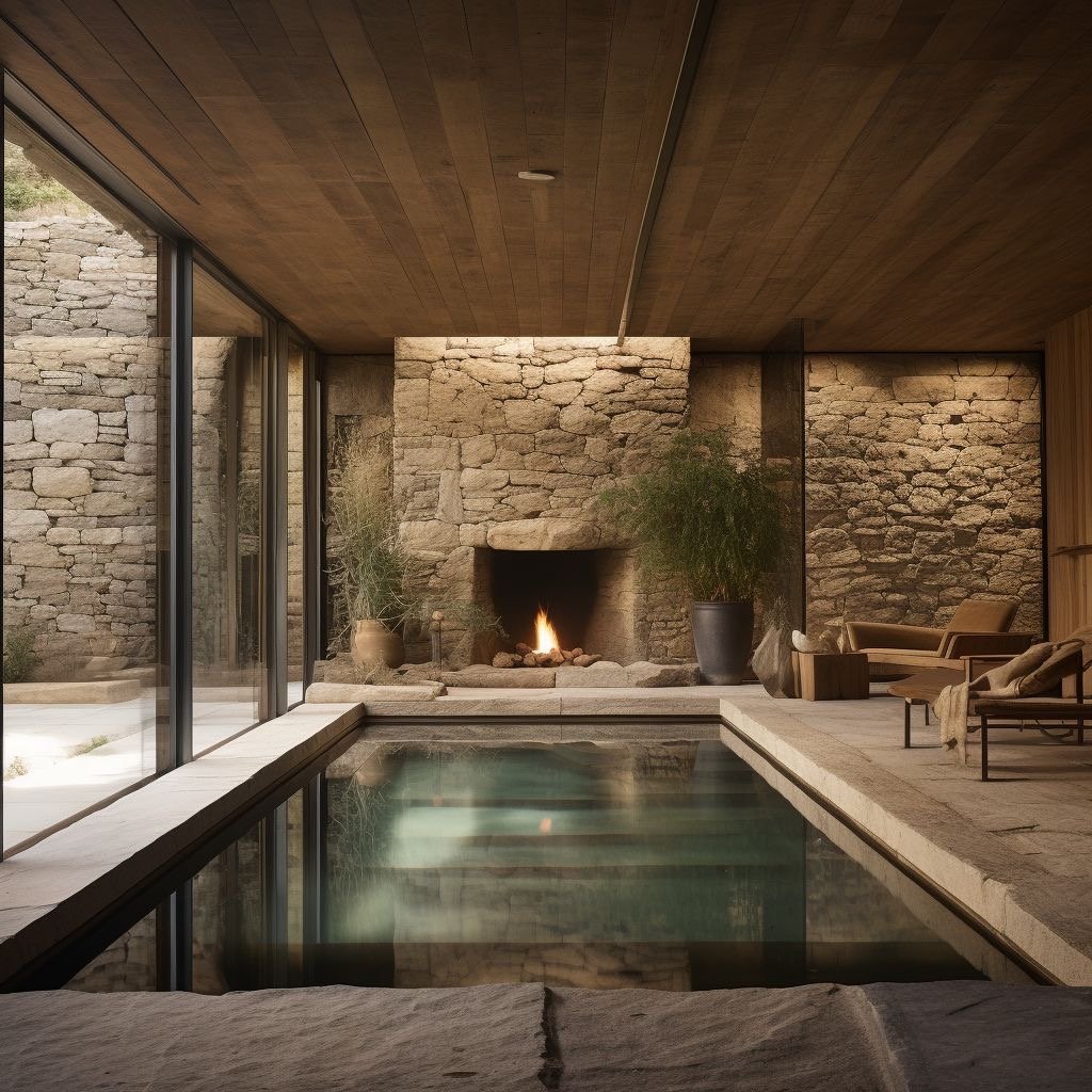 Indoor pool area with a stone fireplace, potted plants, lounge chairs, and large glass windows showing an outdoor stone wall.