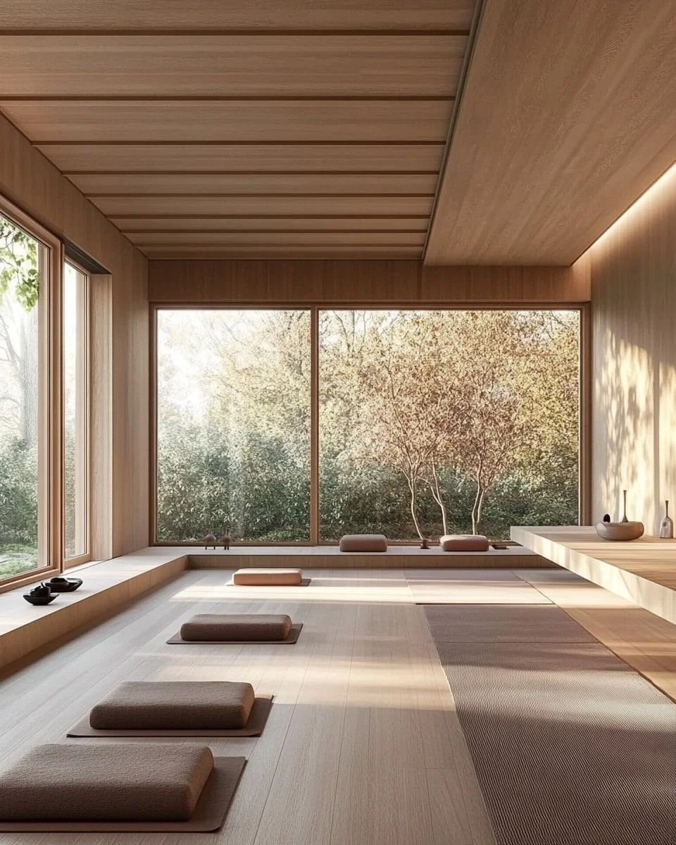 A minimalist Japanese-style meditation or yoga room with wooden walls, large windows looking out onto trees, and floor cushions arranged for sitting or meditation.