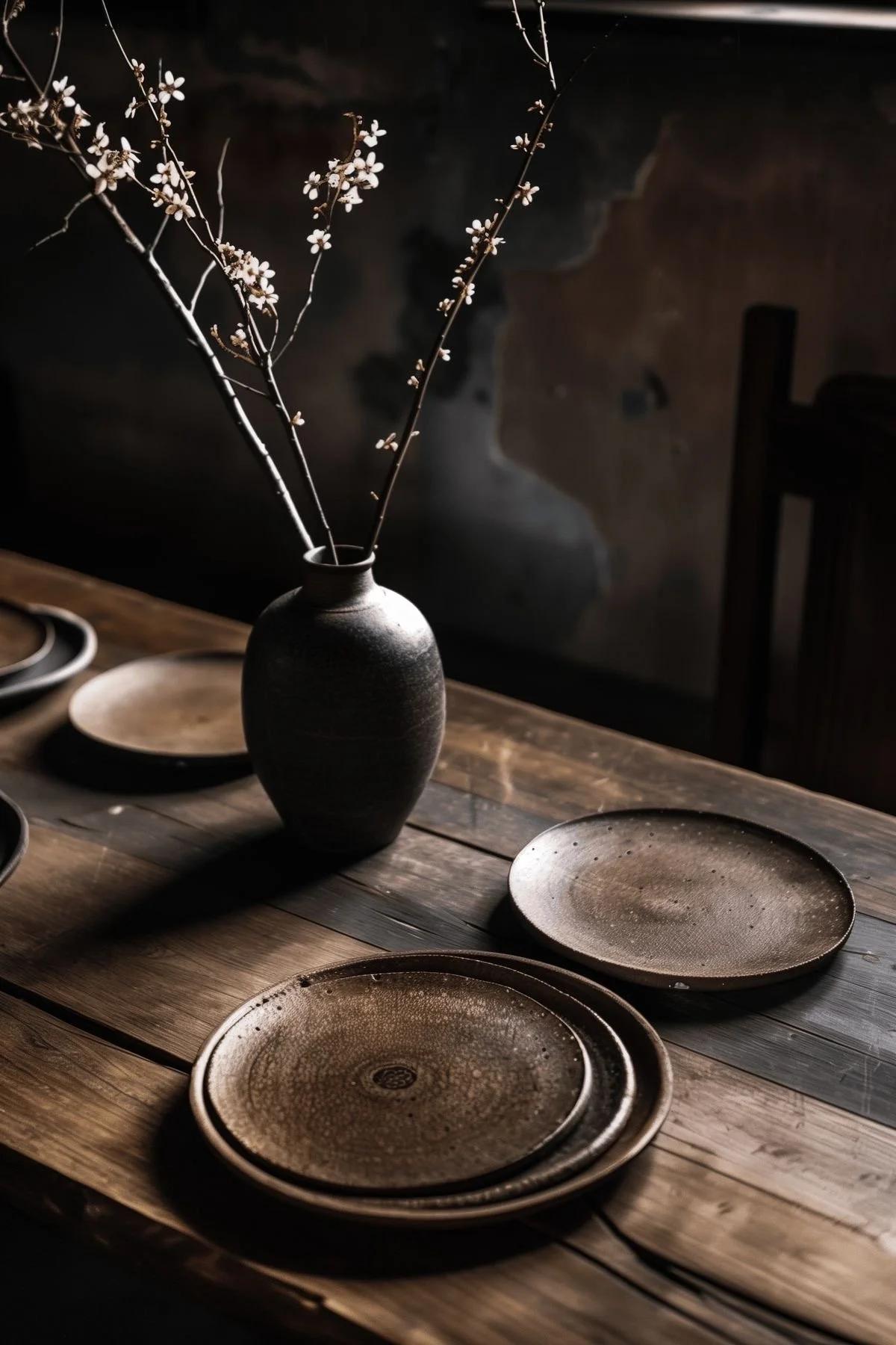 A dark, moody still life scene featuring a ceramic vase with bare branches and small white flowers, set on a wooden table with several empty ceramic plates and bowls around it.