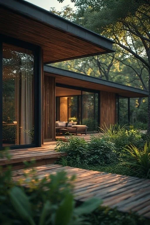 Modern house with large glass sliding doors, wooden exterior, surrounded by greenery and trees at sunset.