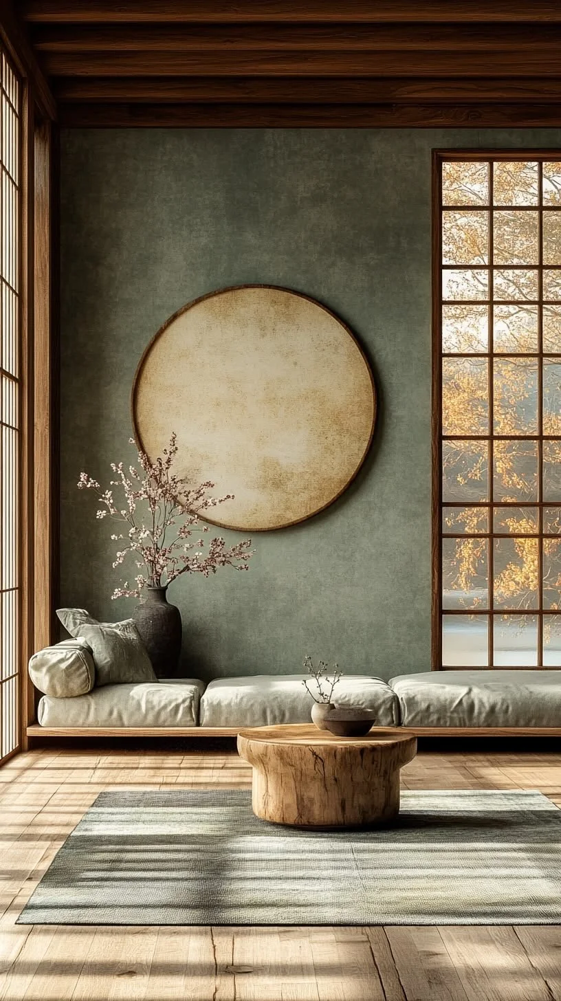A minimalist interior with a low wooden sofa adorned with neutral cushions, a rustic wood coffee table with a small plant, a large circular artwork on a muted green wall, and large windows with wooden frames showing autumn trees outside.