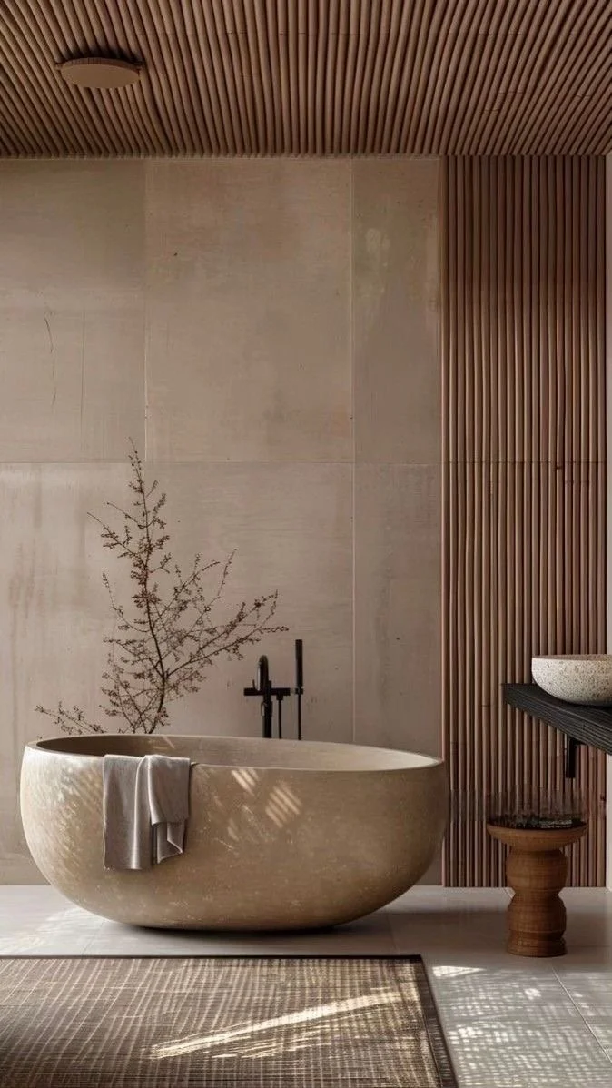 Modern bathroom with a freestanding oval bathtub, a white towel hanging on the edge, a branch with no leaves behind the tub, a black faucet, a textured wall, wooden slat ceiling, and a small wooden stool.