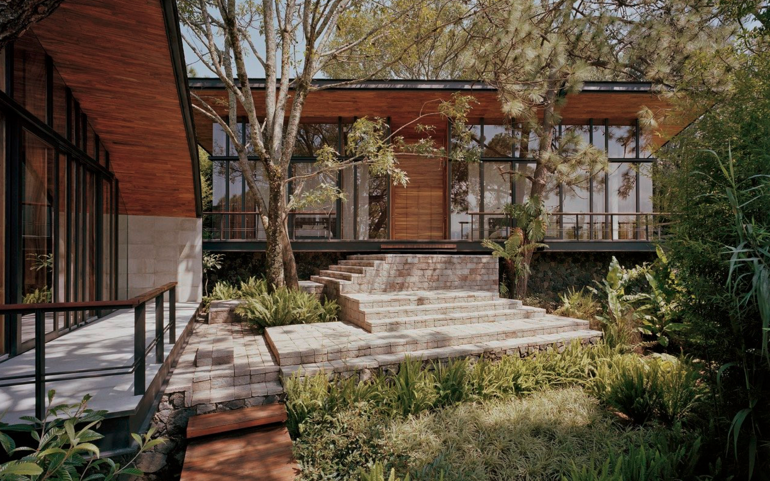 Modern house with large glass windows, surrounded by trees and greenery, with stone steps leading up to the entrance.