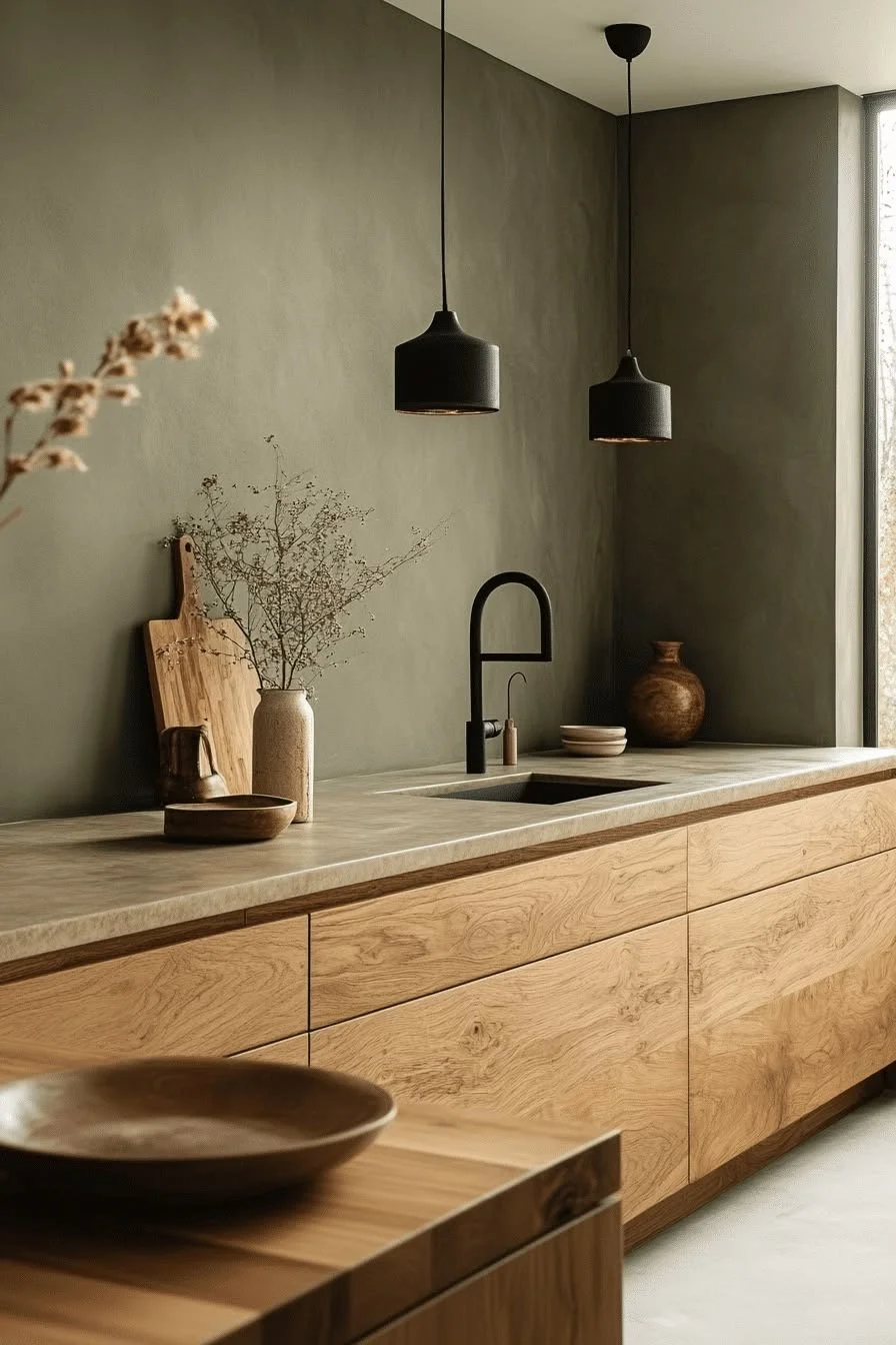 Modern kitchen with wooden cabinets, black faucet, green walls, black pendant lights, and decorative pottery and branches.