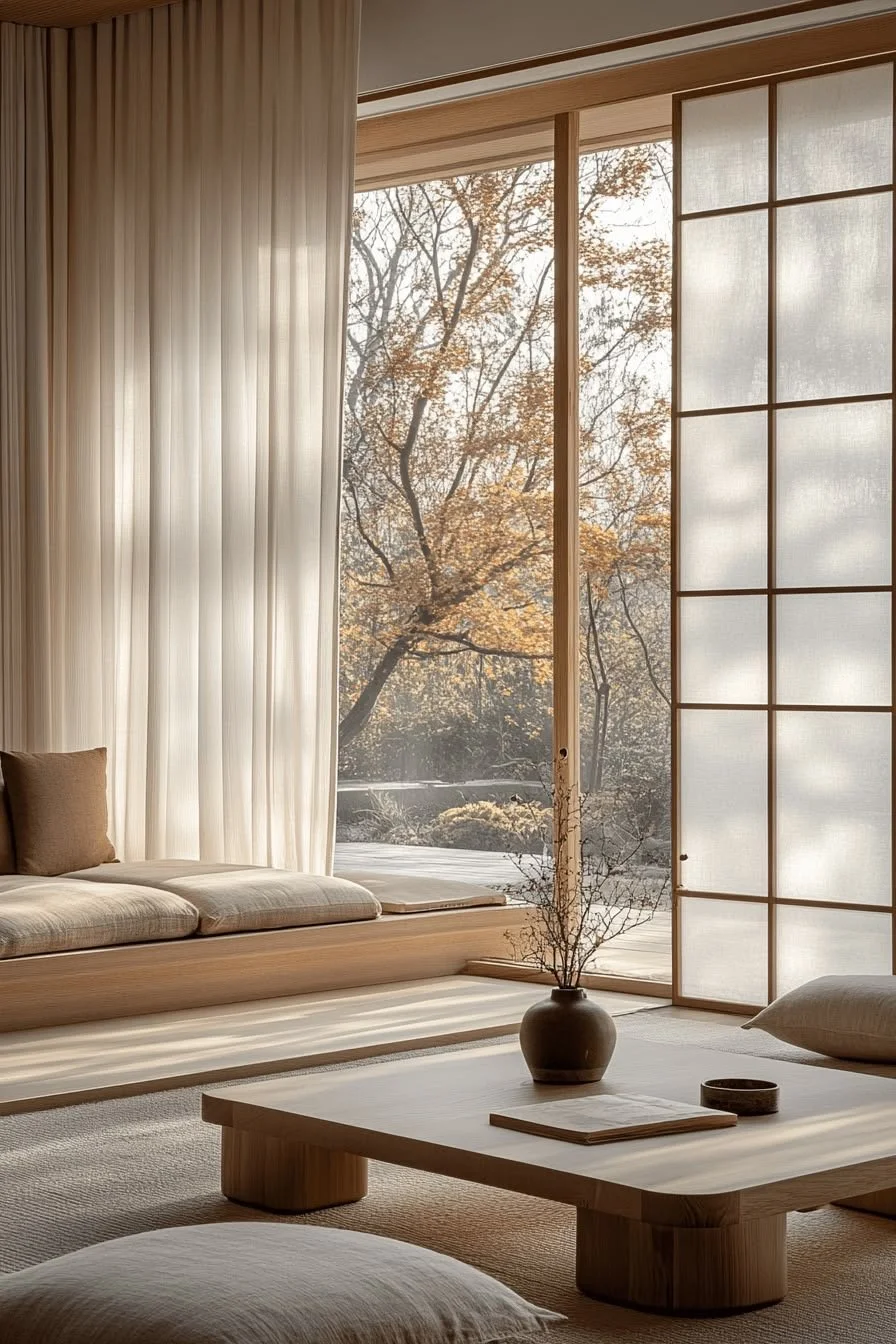 A serene living room with minimalist wooden furniture, large windows with sheer curtains, and a view of autumn trees outside, featuring a low wooden table, cushions, and a vase with dried branches.