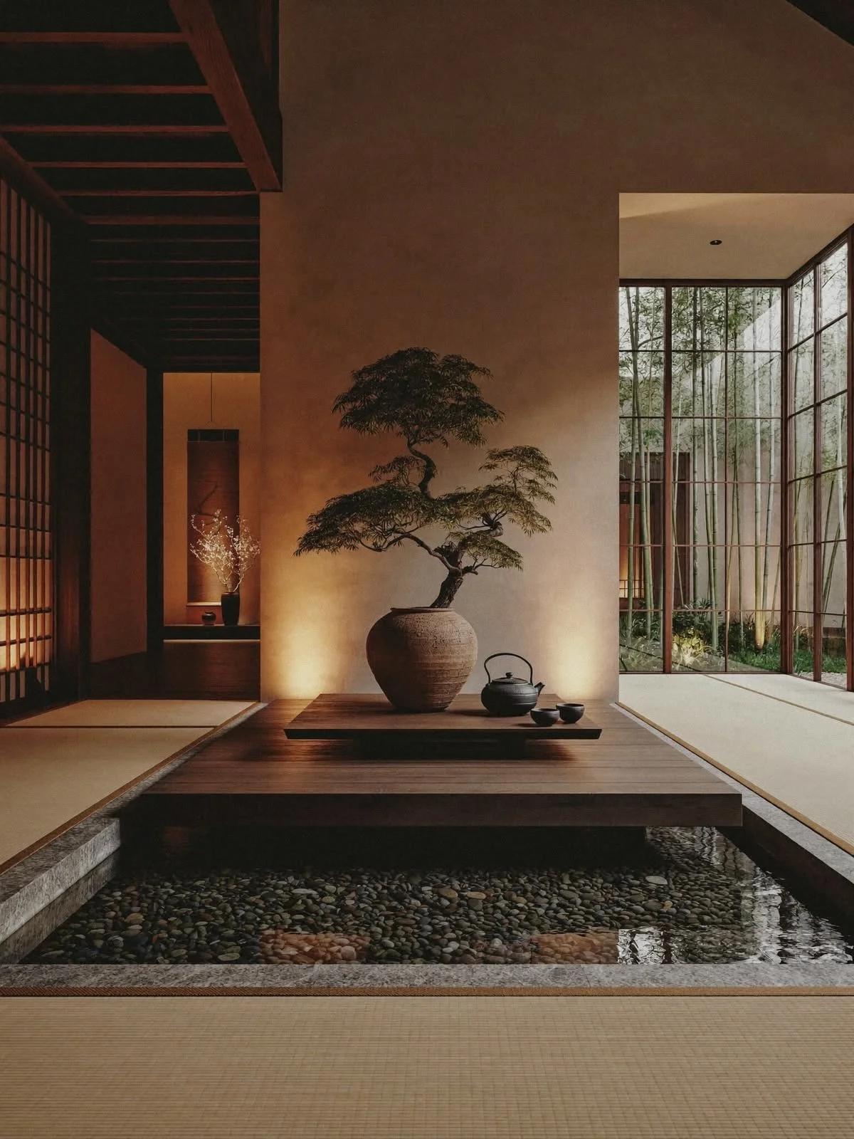 A traditional Japanese interior with a bonsai tree in a clay pot on a wooden platform, tea set, and a view of a bamboo garden outside large windows.