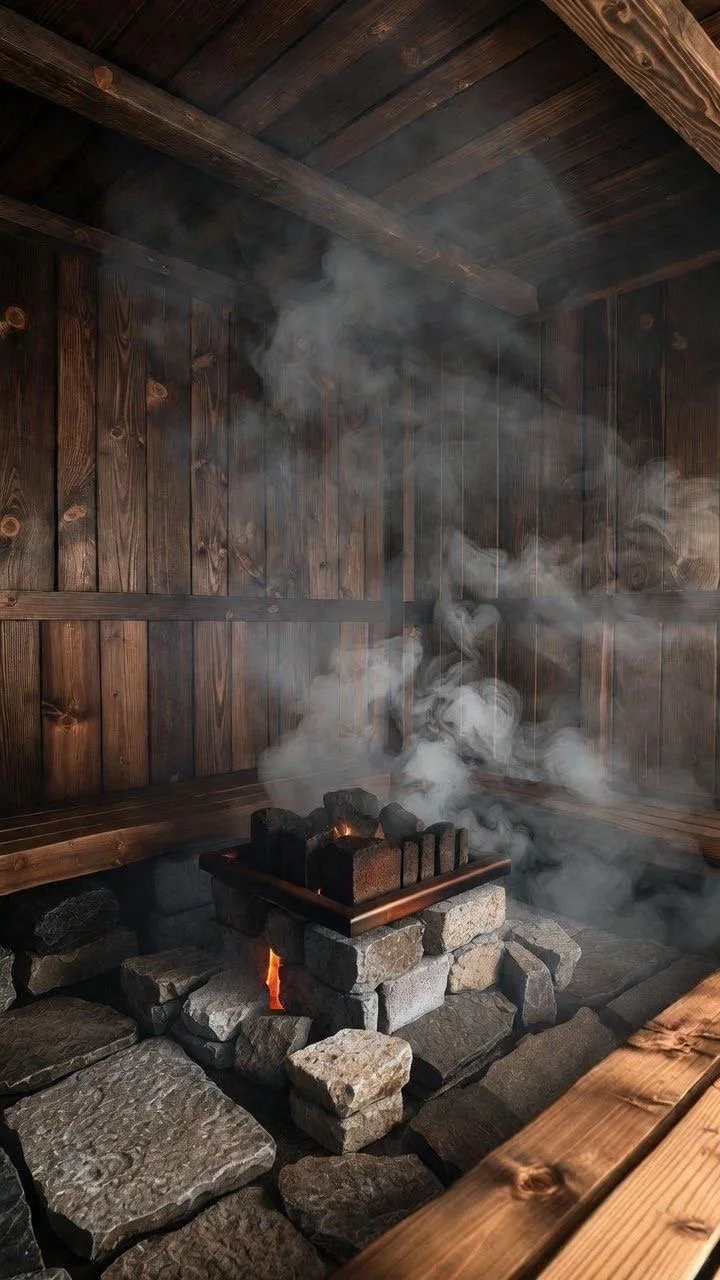 Indoor smoke sauna with wooden walls and benches, a small fire burning among stones in the center, with steam rising.