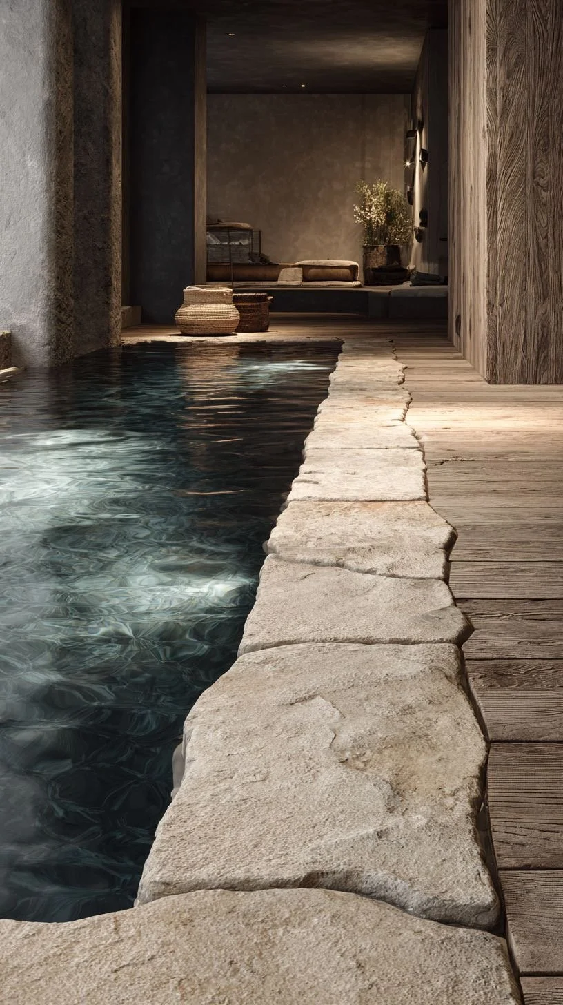 Indoor pool with stone edge and wooden deck leading to a cozy, modern living space with chairs, a table, and decorative plants.