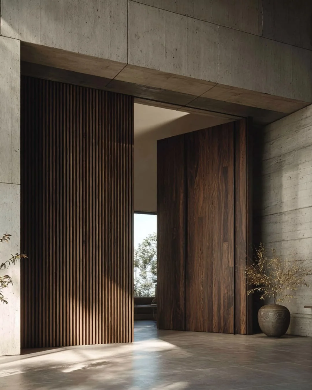 Interior view of a modern home with a large wooden sliding door, concrete walls, and a potted plant.
