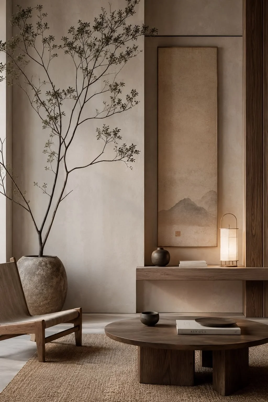 A minimalist interior with a large potted plant, a wall scroll with mountain landscape art, a small table with books and decorative objects, and a warm light lamp.