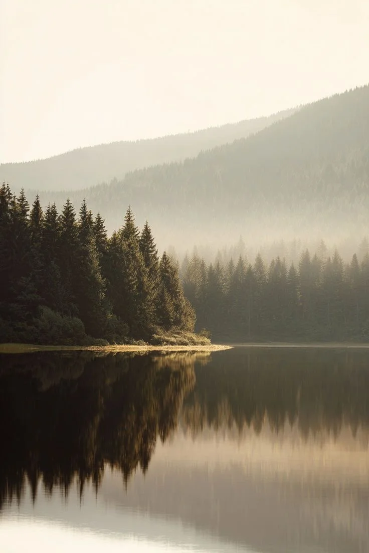A serene lake surrounded by dense evergreen trees, with mountains in the background, and mist or fog creating a peaceful, natural landscape.