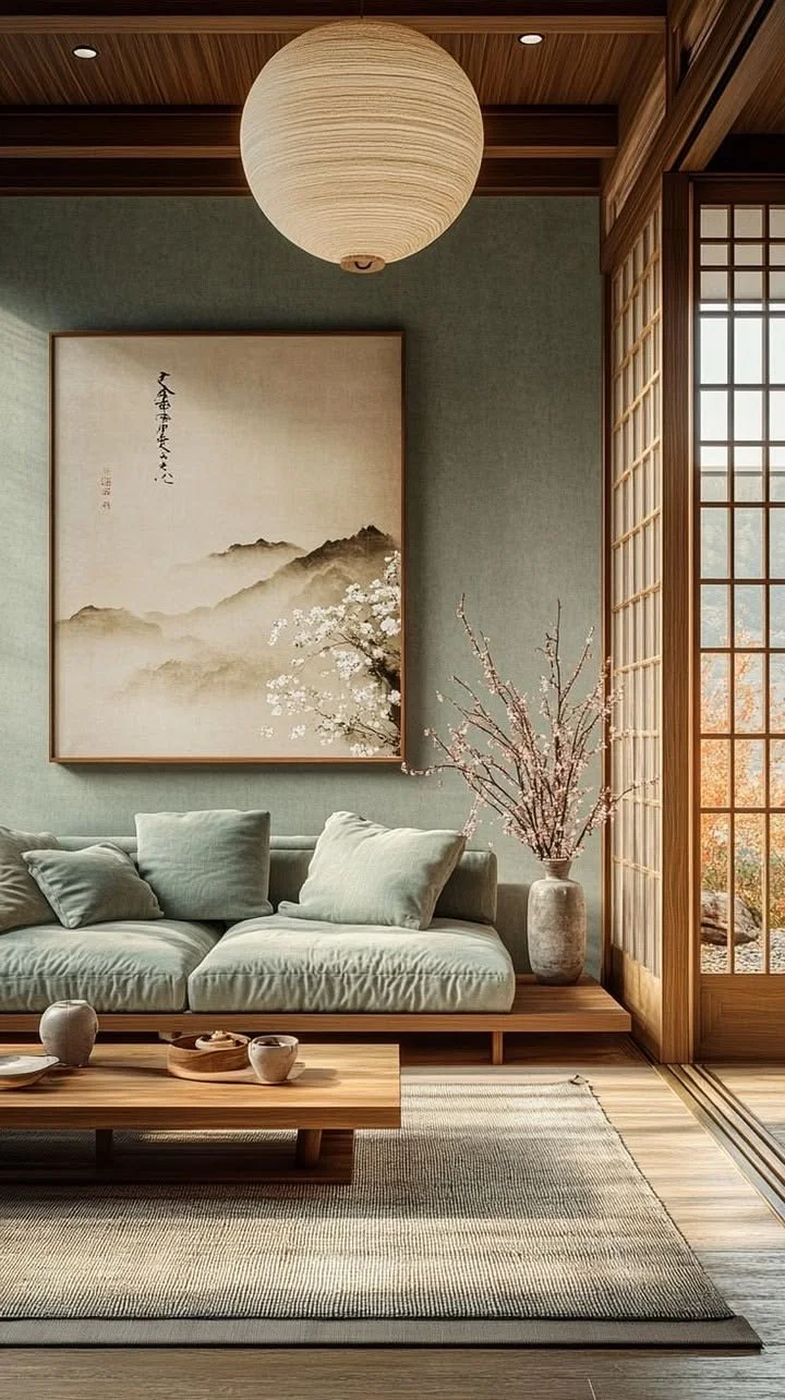 Living room with a green sofa, wooden coffee table, Japanese sliding shoji screen door, a large hanging paper lantern, and a painting of mountains and cherry blossoms on the wall.
