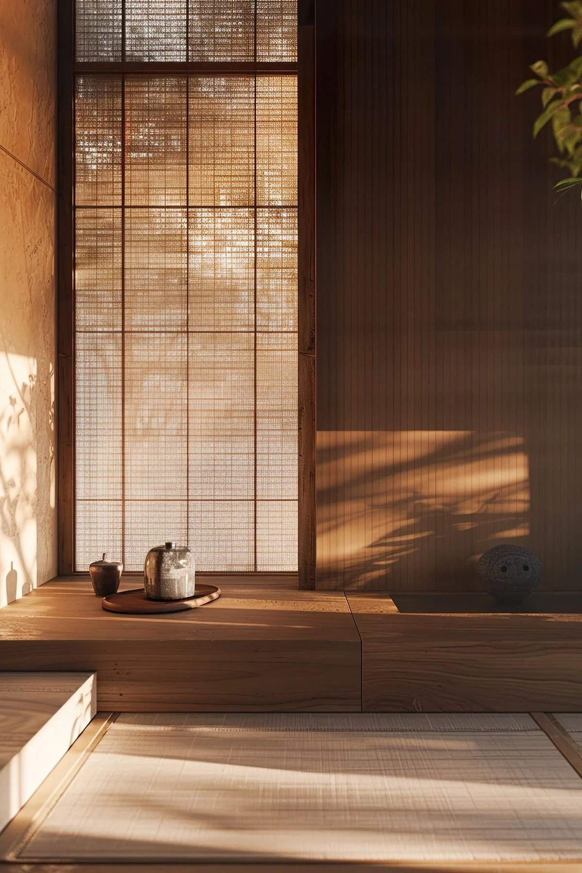 A minimalist Japanese-style room with a wooden platform, two small pottery vases, and a tray with a pitcher and cups set on a tray. Sunlight filters through a bamboo window, casting shadows on the wall.