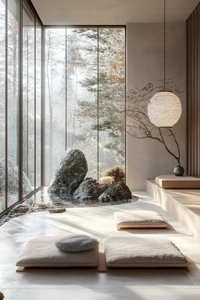Minimalist room with floor-to-ceiling glass windows, rocks and a pond outside, traditional Japanese cushions and a paper lantern lamp inside.