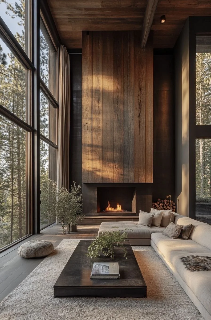 Modern living room with large windows, wooden wall behind fireplace, beige sectional sofa, black coffee table, plant, and logs beside the fireplace.
