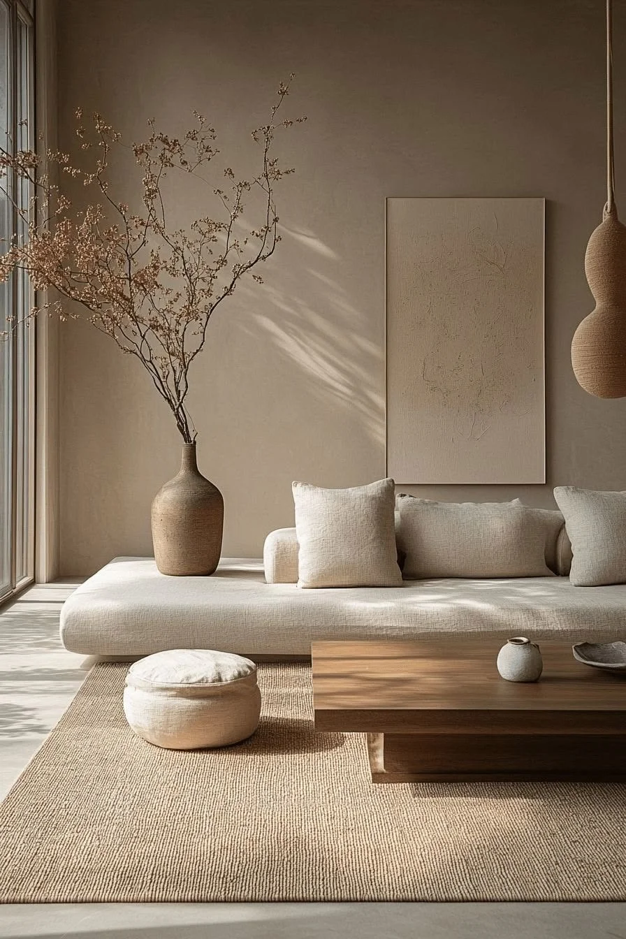 Minimalist living room with neutral tones, a beige sofa with pillows, a wooden coffee table, a large vase with dried branches, a textured pouf, and hanging woven decor, illuminated by natural sunlight.