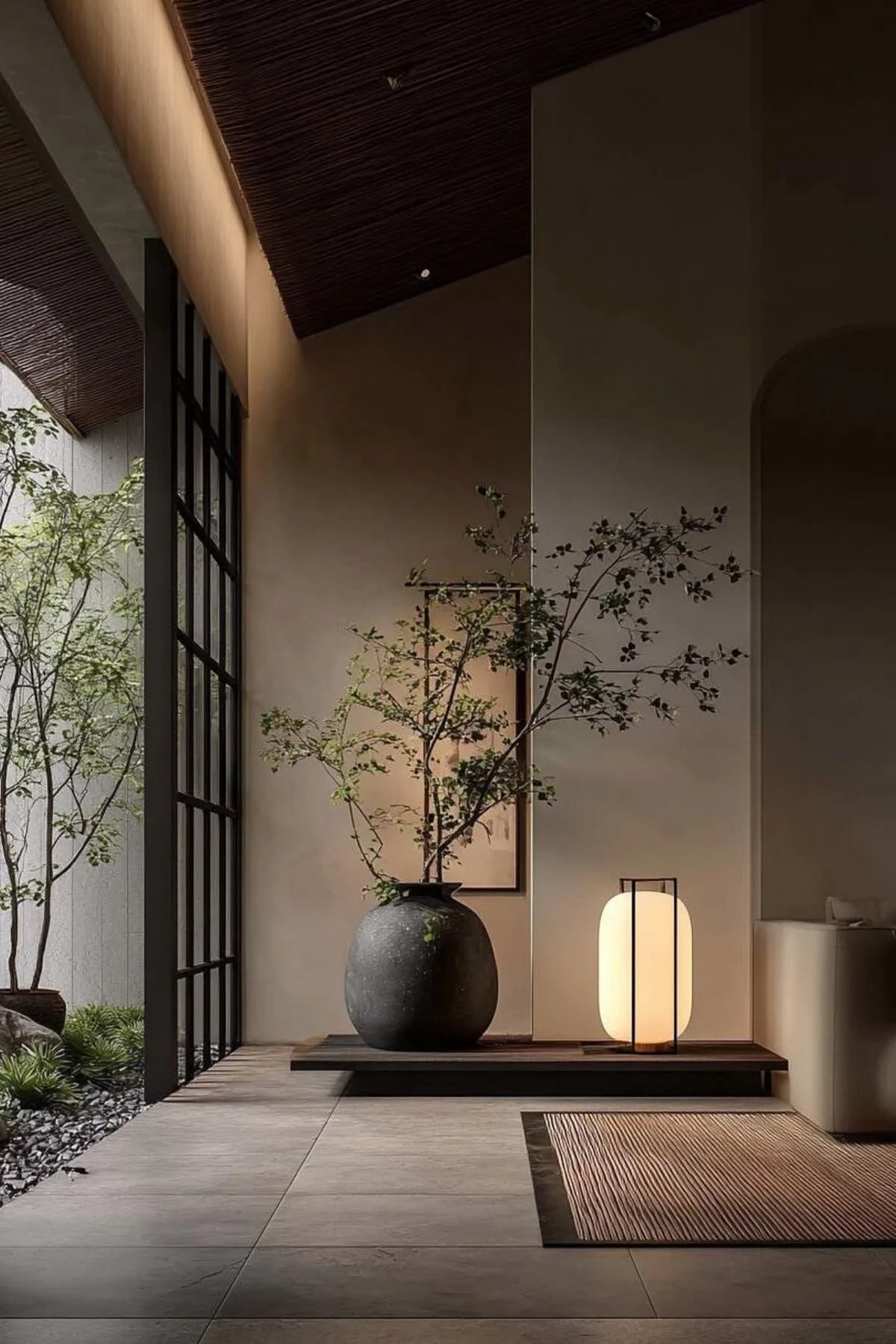 Minimalist interior with a large potted tree, a soft glowing floor lamp, and a small decorative light on a wooden platform near a textured ceiling and a large window with green plants outside.