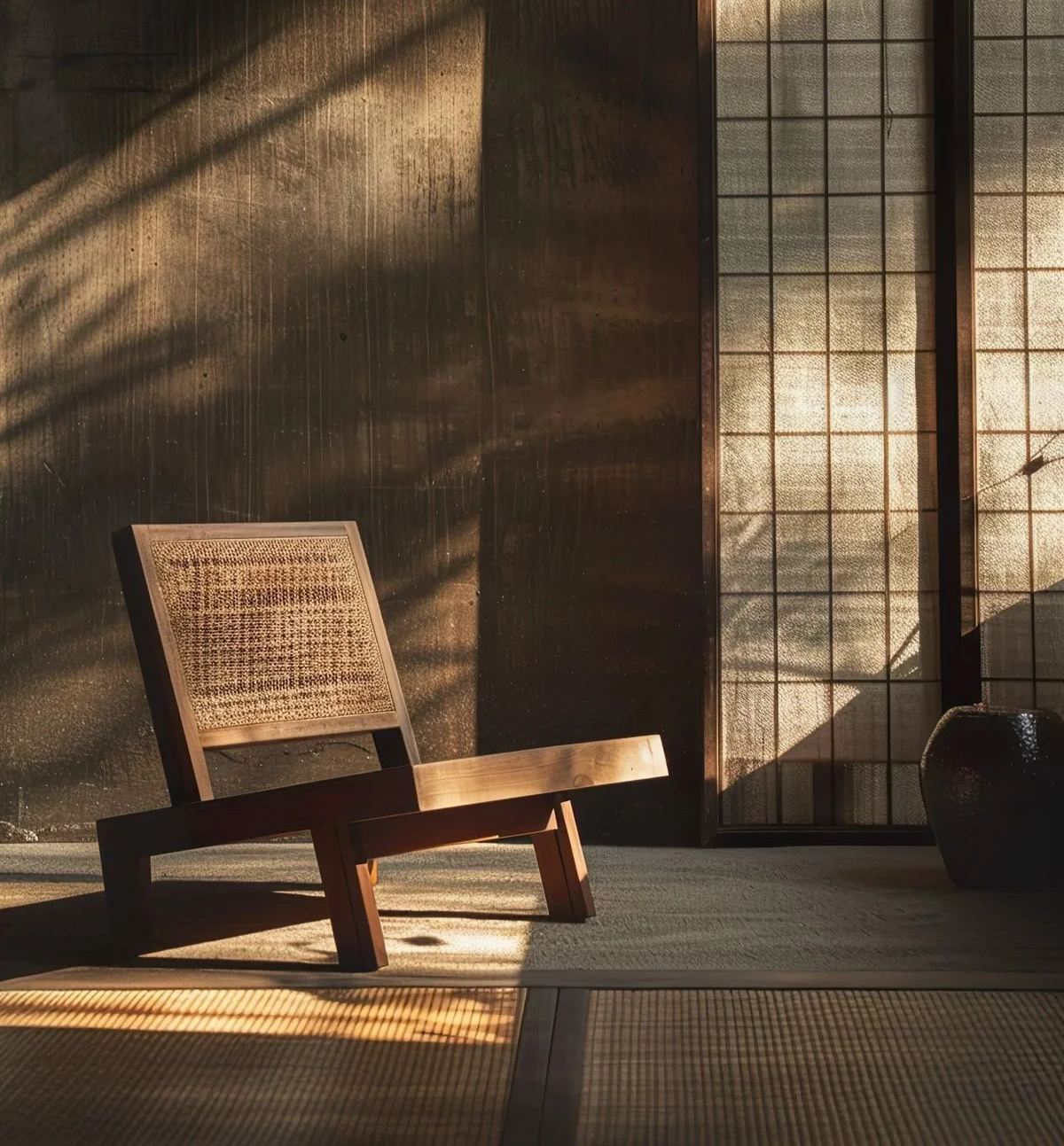 A minimalist room with a wooden chair, a traditional paper screen, and a textured wall, all illuminated by warm sunlight.