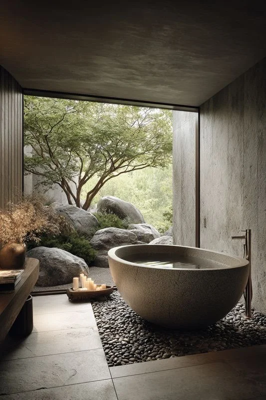 Modern bathroom with a round stone bathtub on a pebble floor, next to a large open window showing a view of rocks, a tree, and greenery outside.