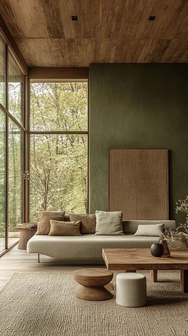 Living room with large windows showing trees outside, a white sofa with several beige and light grey pillows, a wooden coffee table with a black vase and dried flowers, a small round wooden stool, a textured beige rug, and green painted walls with mi