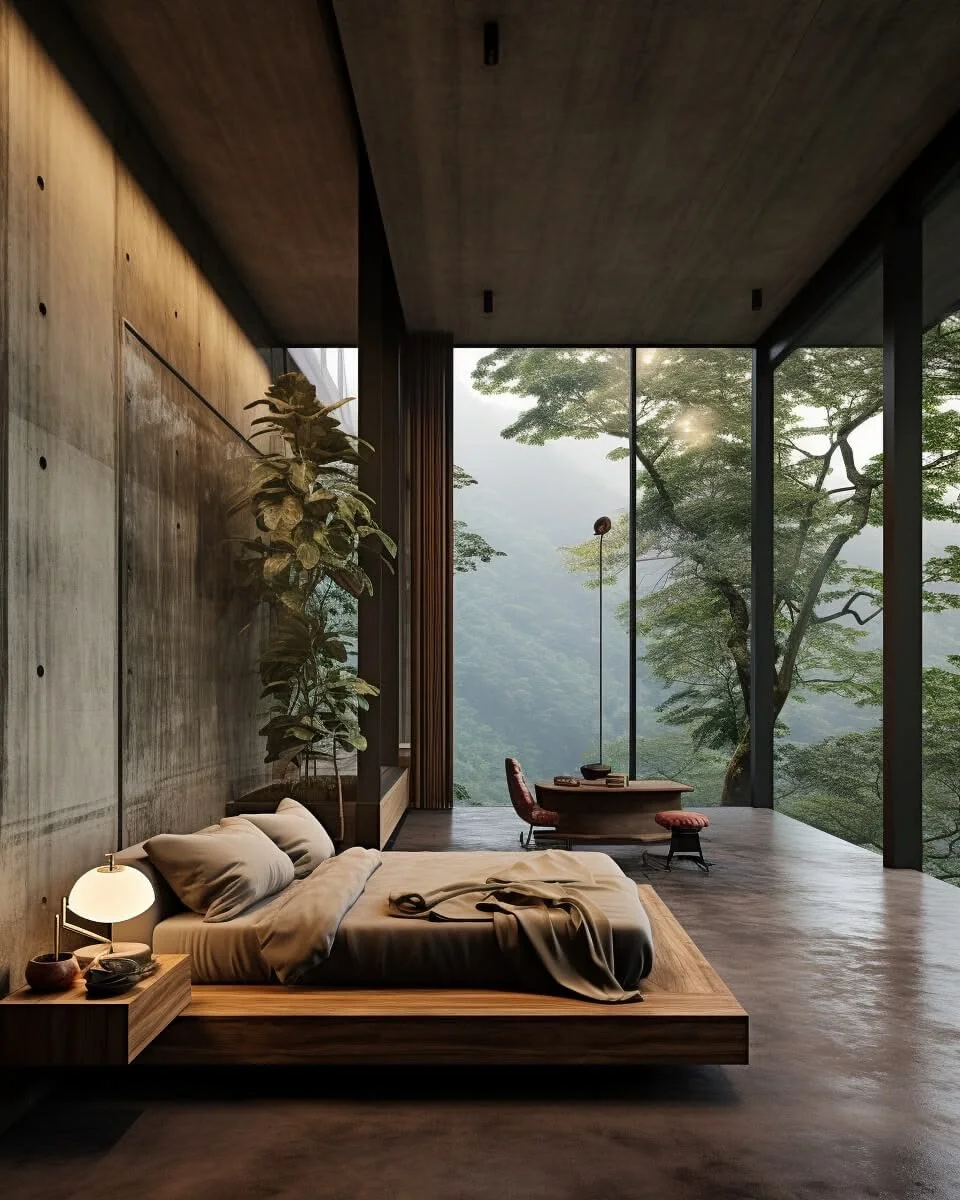 Modern minimalist bedroom with a large window view of trees and mountains, a low wooden bed with beige bedding, a small bedside table with a lamp, a large plant, a desk with a red chair, and natural wooden and concrete interior design.