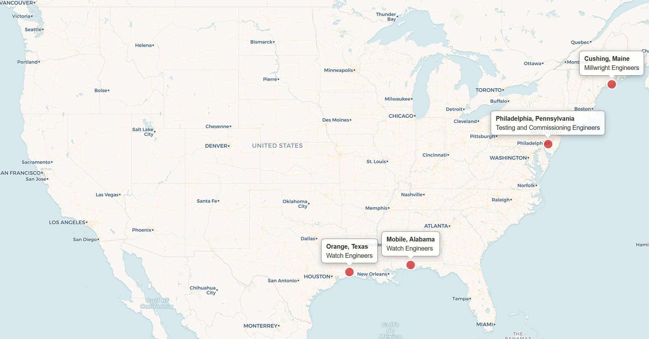 Map of the United States showing where Initium Engineering is fulfilling multiple project manning requirements.