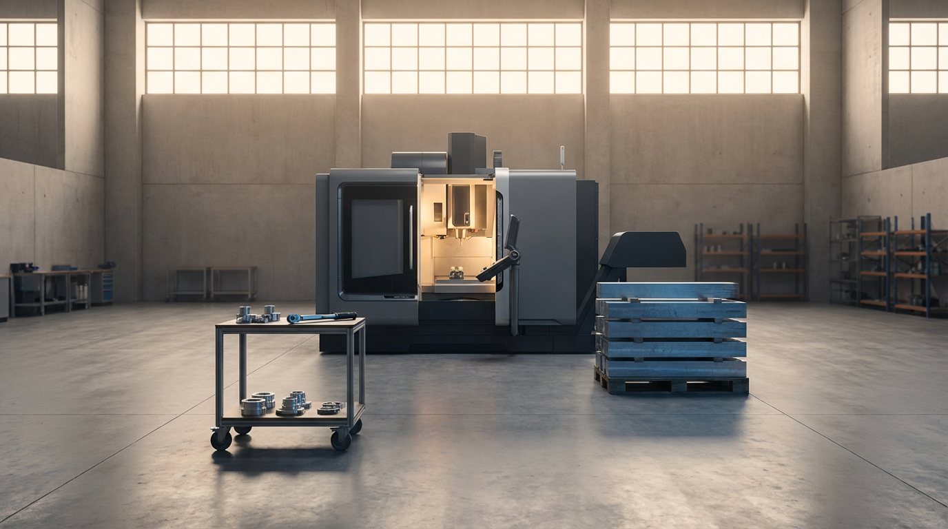 Large industrial machine in a spacious warehouse with high windows, surrounded by work tables, pallets, and metal parts.