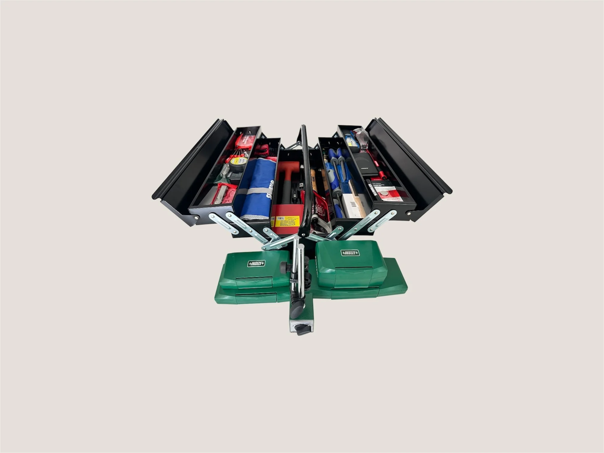 A black portable toolbox with multiple drawers containing tools and supplies, mounted on a green metal frame.
