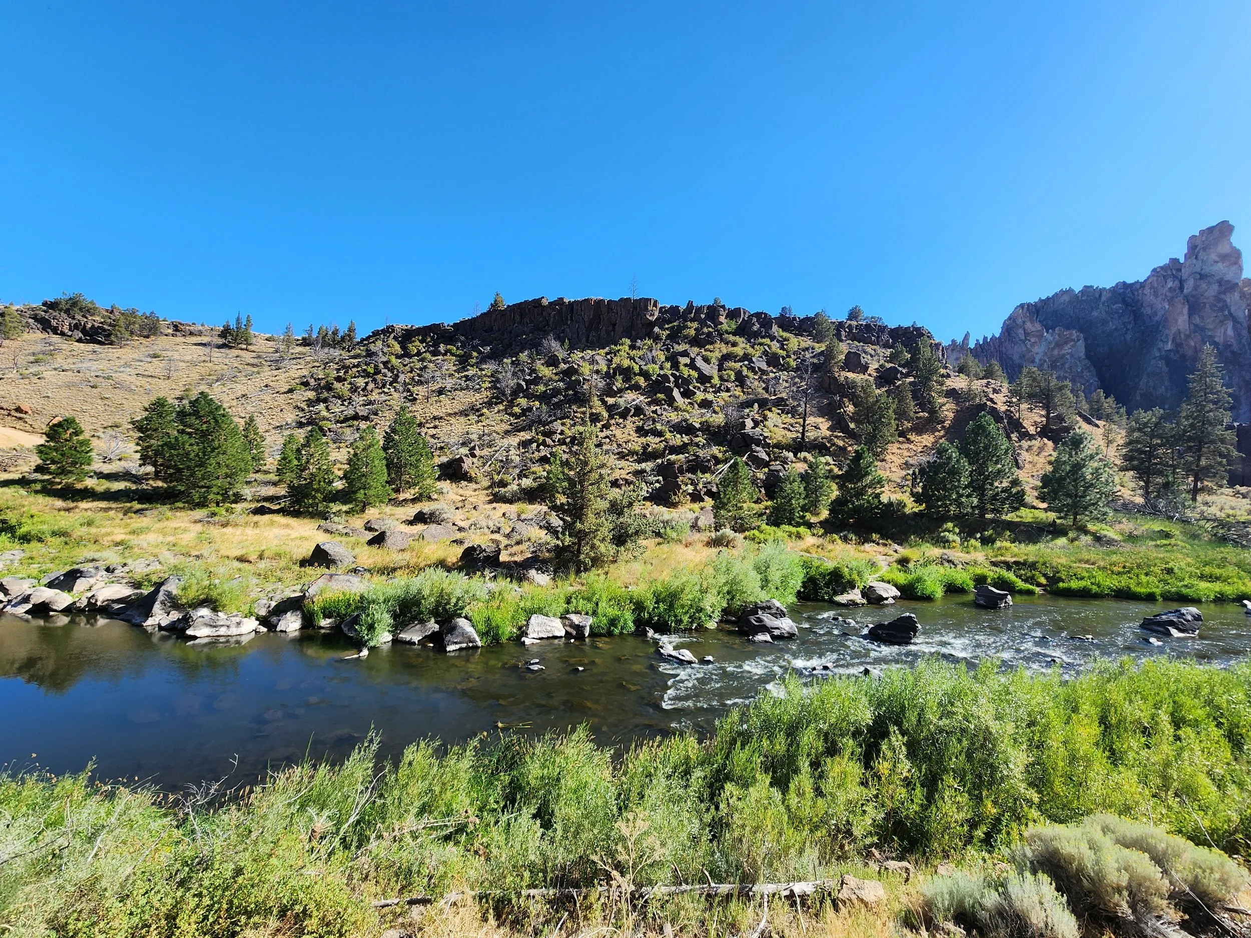 a view across a river of a small rocky cliff with scattered trees and boulders having rolled down into the water, the left half of the river is a deep calm pool breaking to shallower rapids on the right.