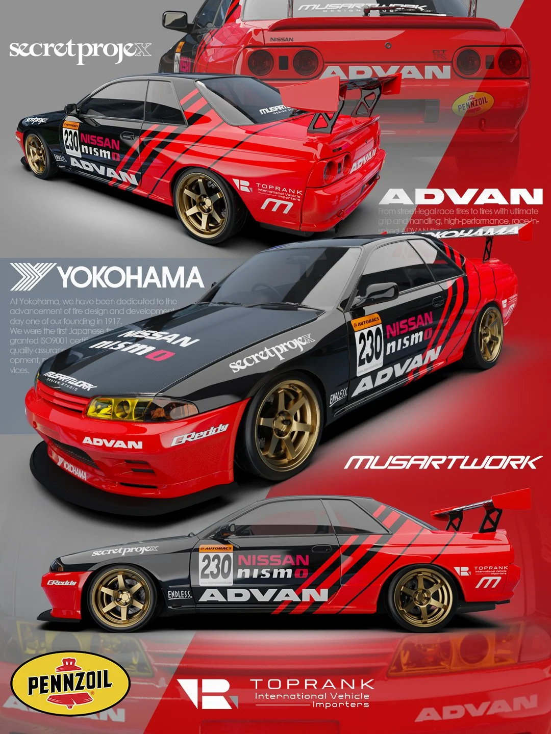 Composite image of a Nissan racing car with red, black, and gray racing livery, gold wheels, and prominent sponsor logos including Yokohama, Pennzoil, and Advans. The car features a large rear wing, racing decals, and the number 230 on the side. Background and overlay graphics highlight various angles and design details of the vehicle.