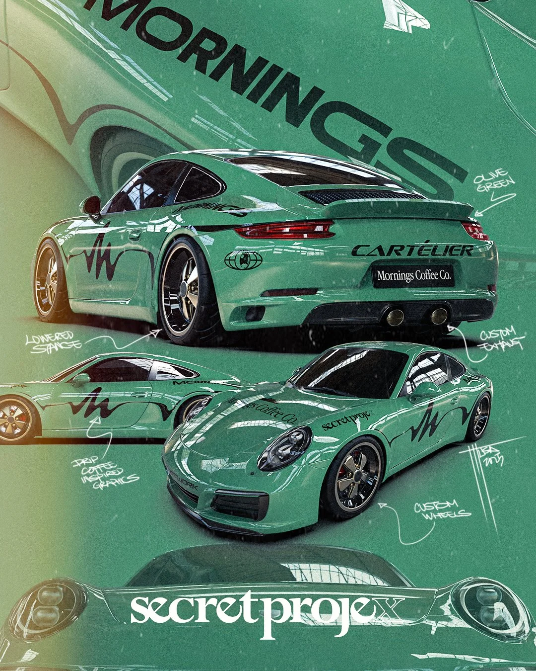 Green Porsche sports car with custom graphics, stickers, and annotations indicating design features like a lower stance, custom wheels, and graphics, set against a green background with handwritten notes about the design details.