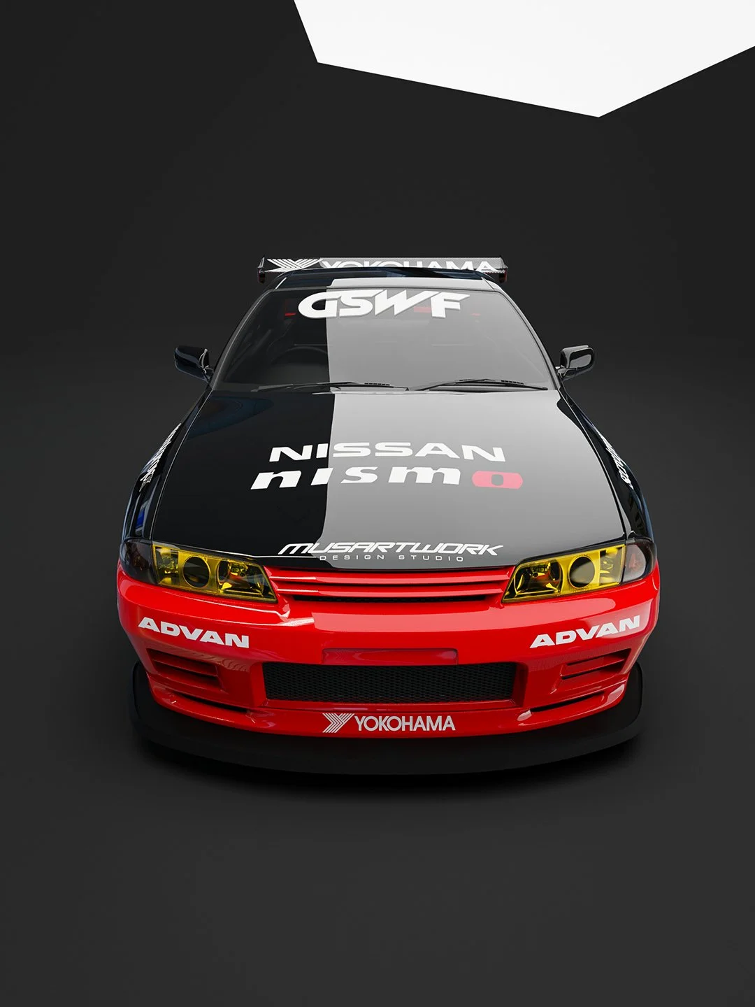 Front view of a Nissan race car with red, black, and white livery, featuring sponsor logos, yellow headlights, and a large rear wing.