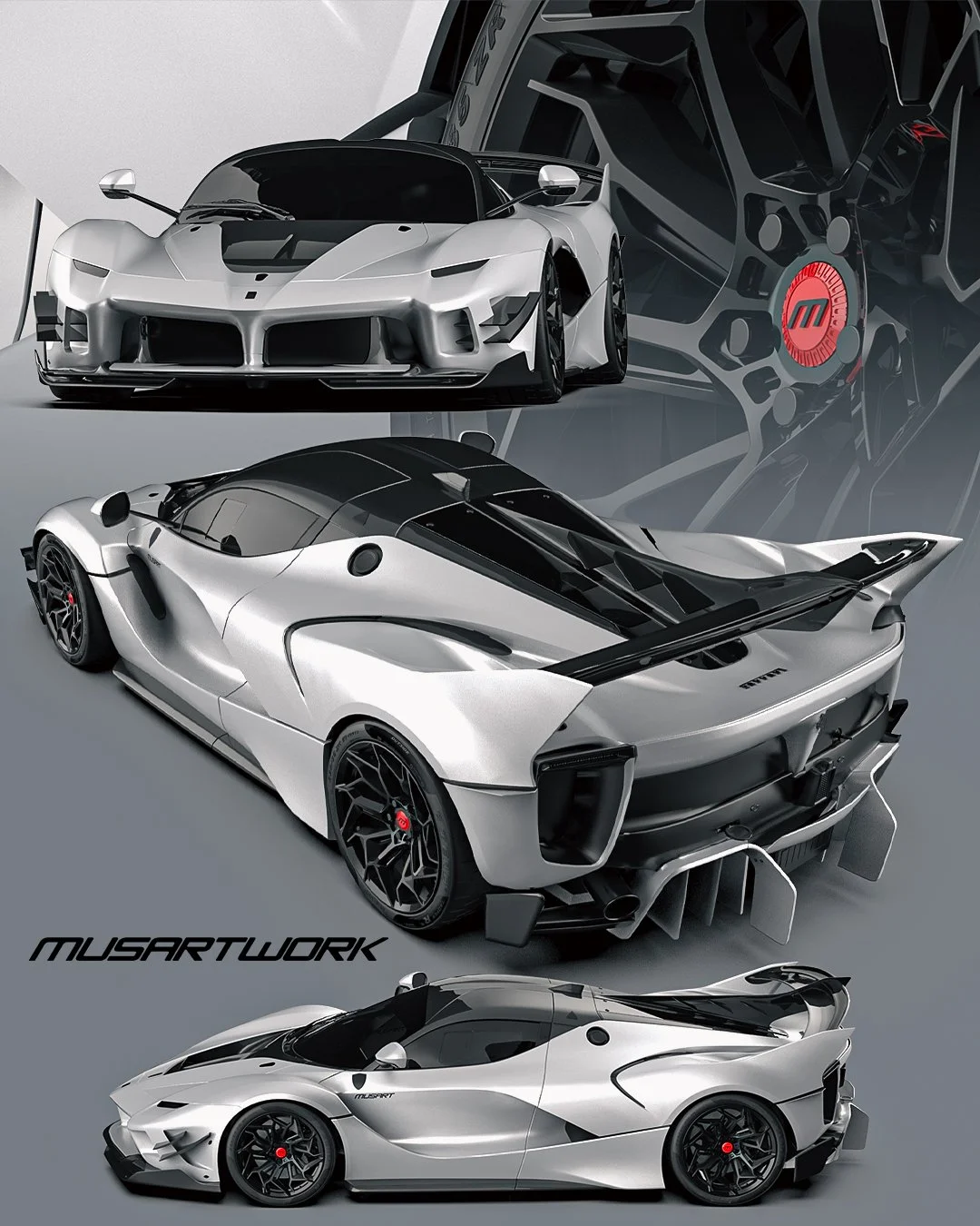 A collage of three silver high-performance sports cars with black accents, showcasing their sleek modern designs. The top car is a race car with a large front splitter and aerodynamic features. The middle car has a prominent rear wing and aggressive aerodynamics. The bottom car has a low profile with smooth curves and a rear wing, set against a gray background.